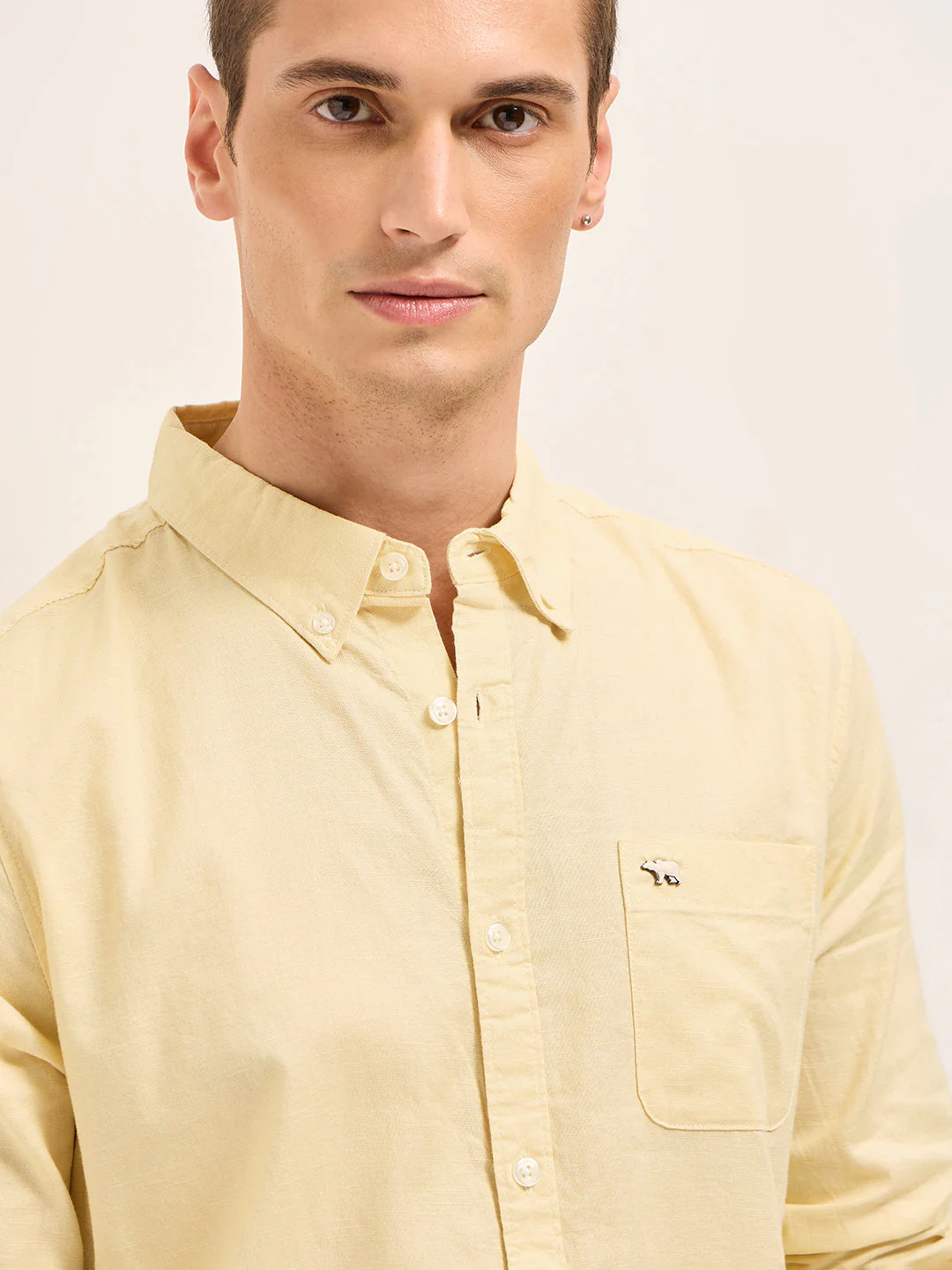 Men Yellow Cotton Linen Solid Slim Fit Casual Shirt - Image 5