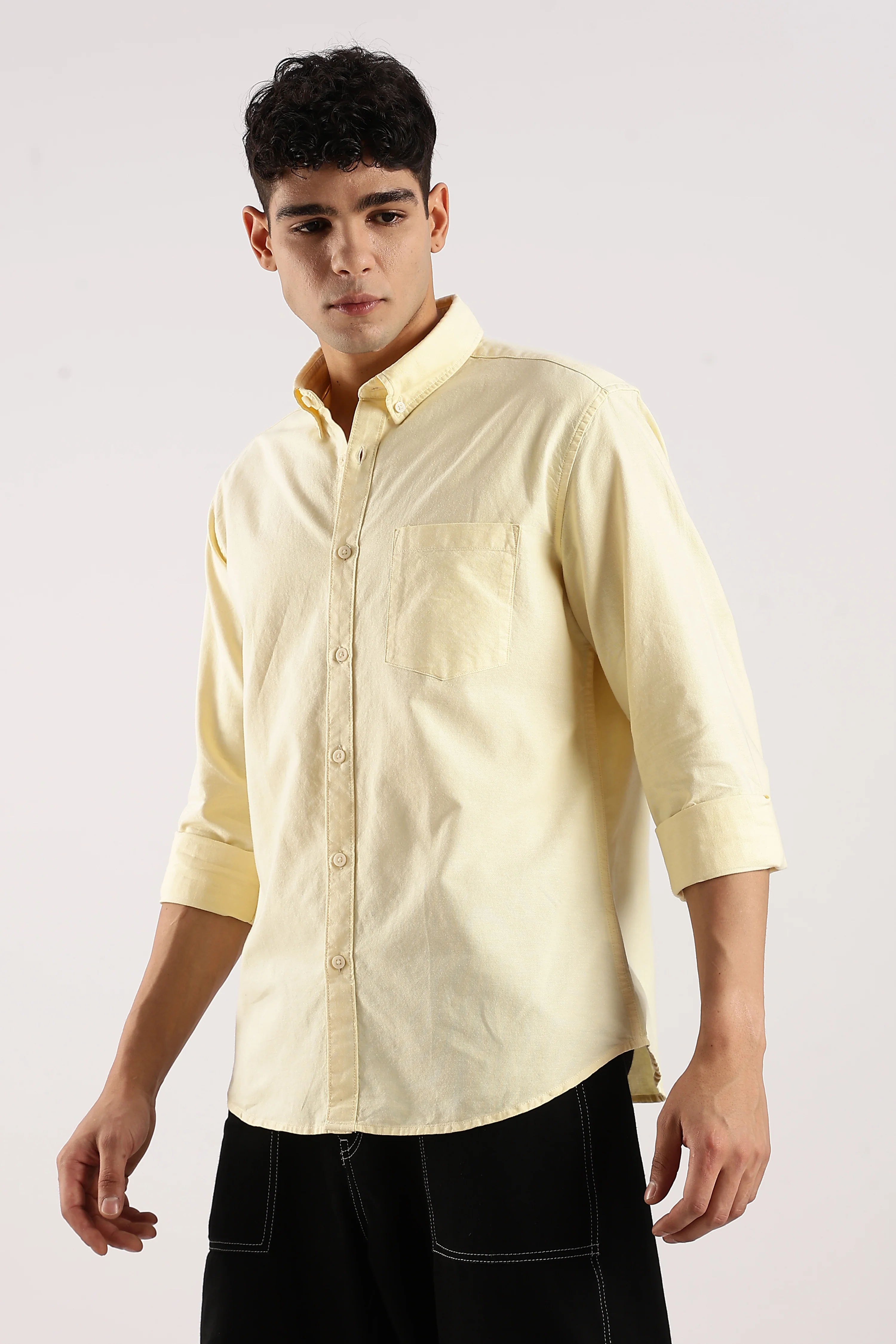 Men Yellow Cotton Oxford Shirt - Image 4