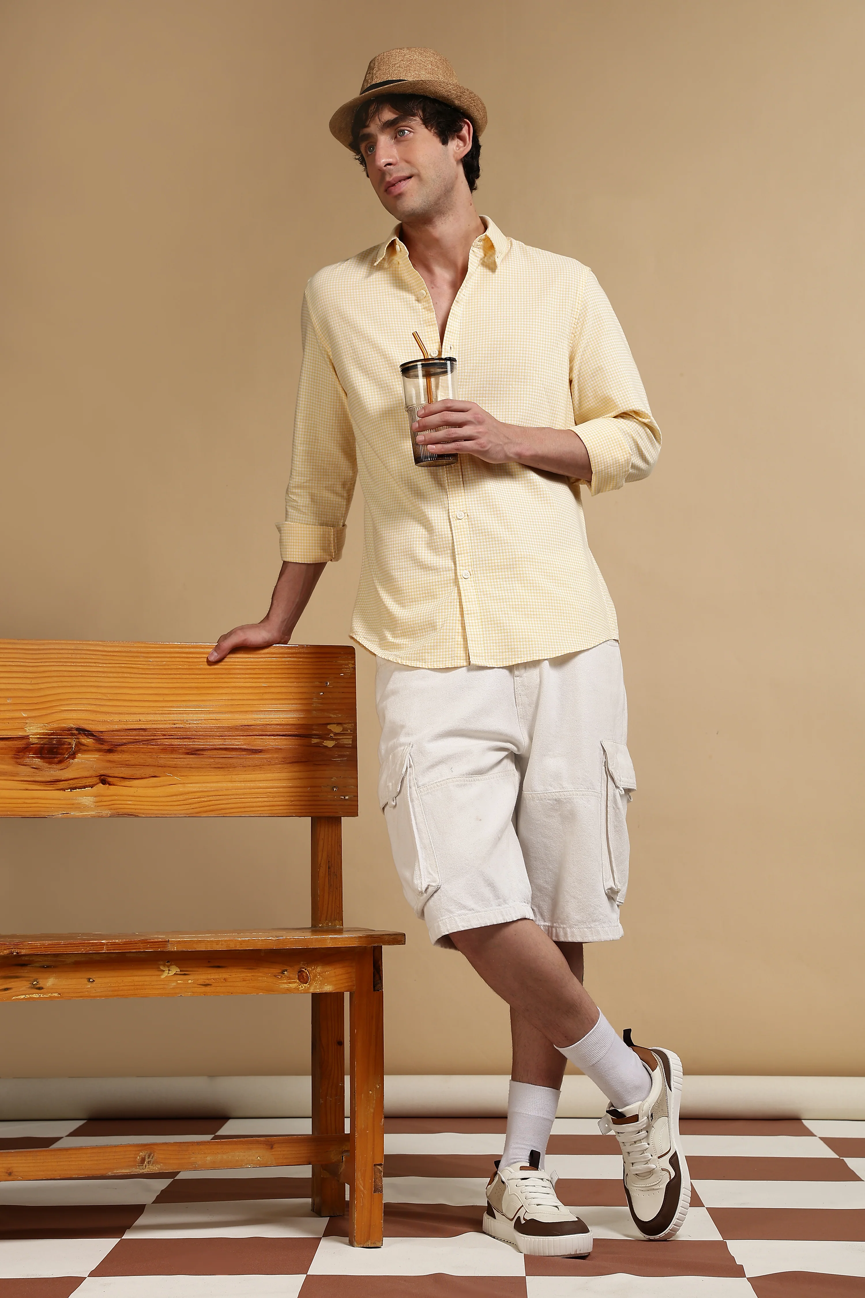 Men Yellow Cotton Oxford Slim Fit Mini Checks Shirt - Image 2