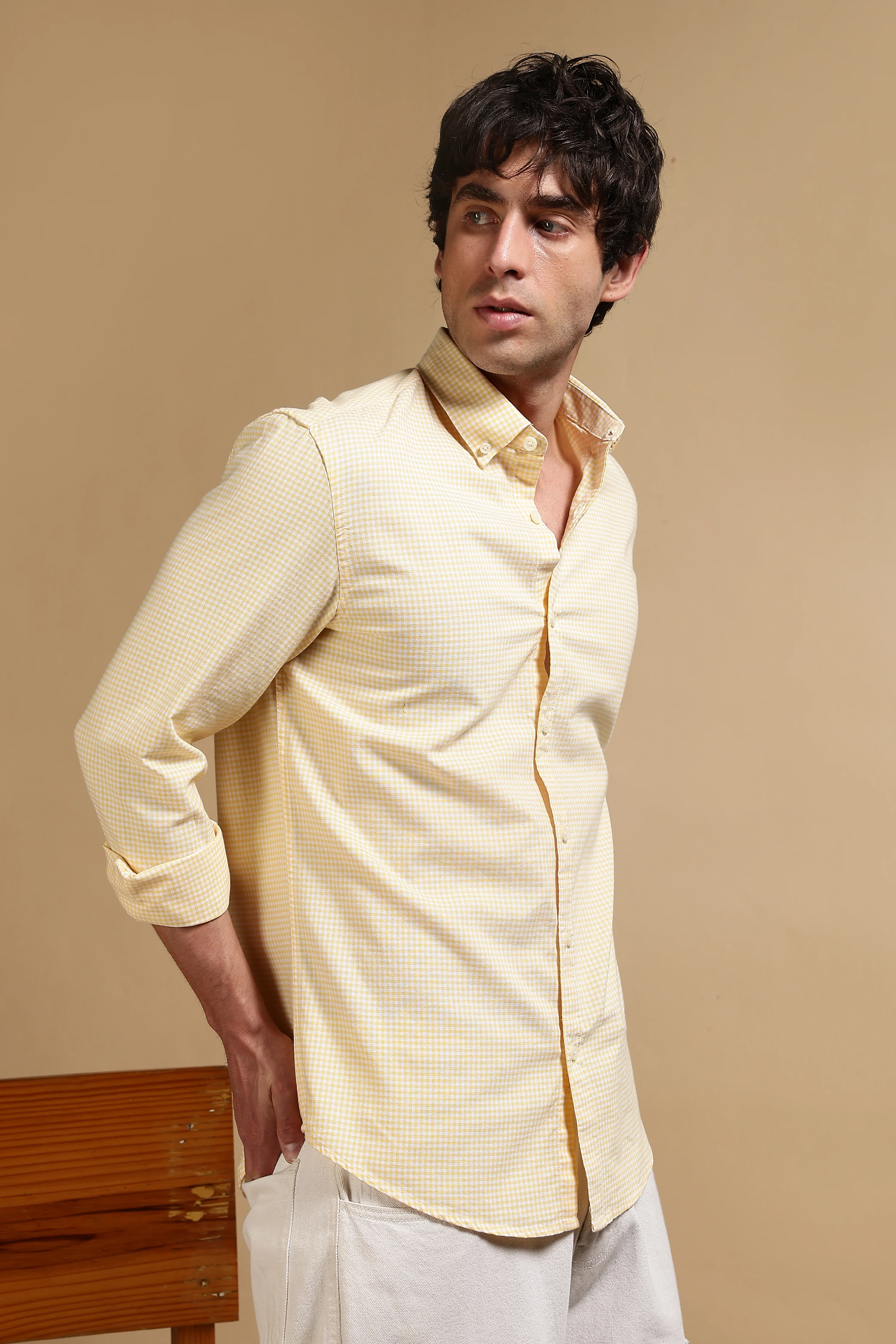 Men Yellow Cotton Oxford Slim Fit Mini Checks Shirt - Image 3