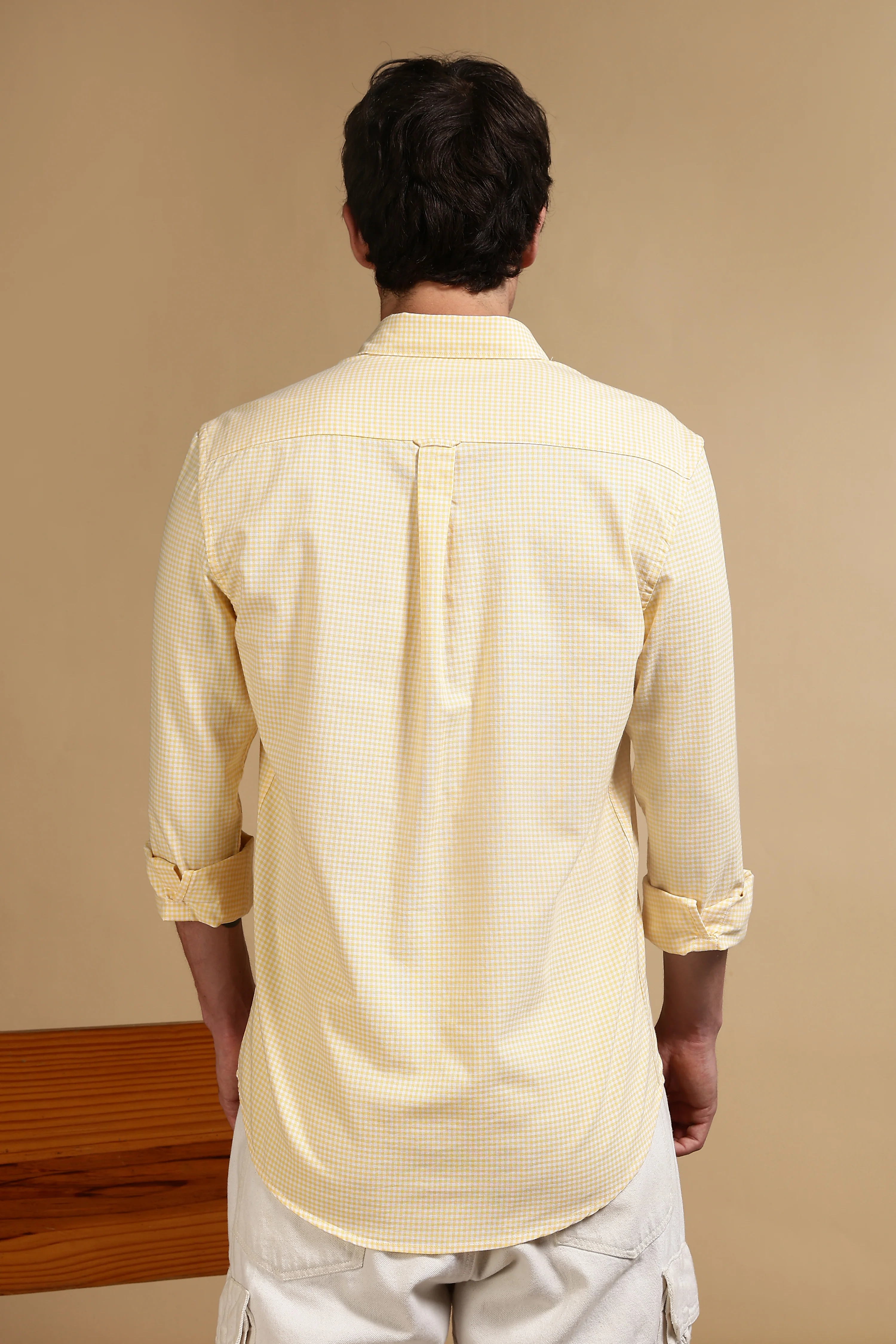 Men Yellow Cotton Oxford Slim Fit Mini Checks Shirt - Image 4