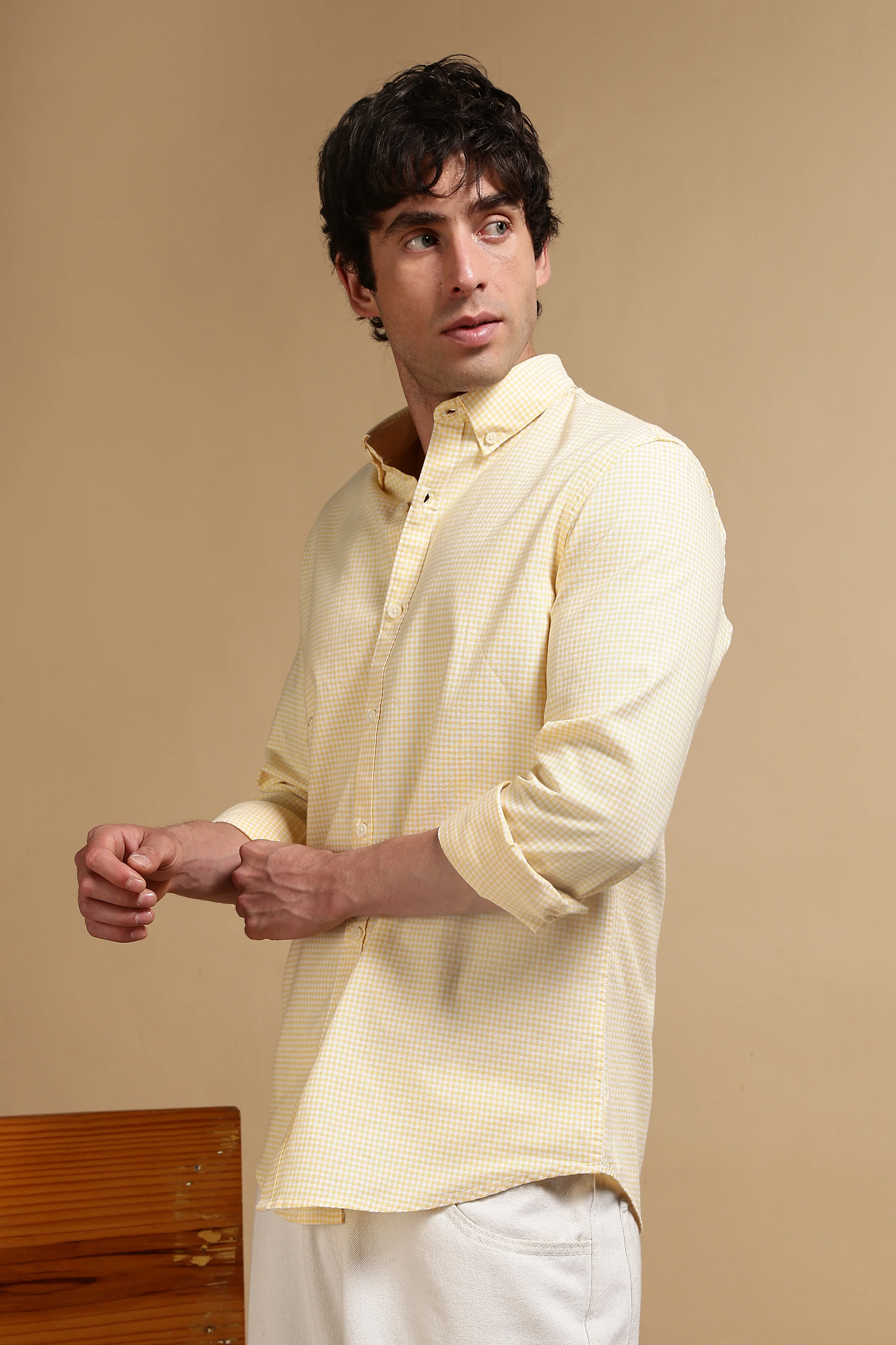Men Yellow Cotton Oxford Slim Fit Mini Checks Shirt - Image 5