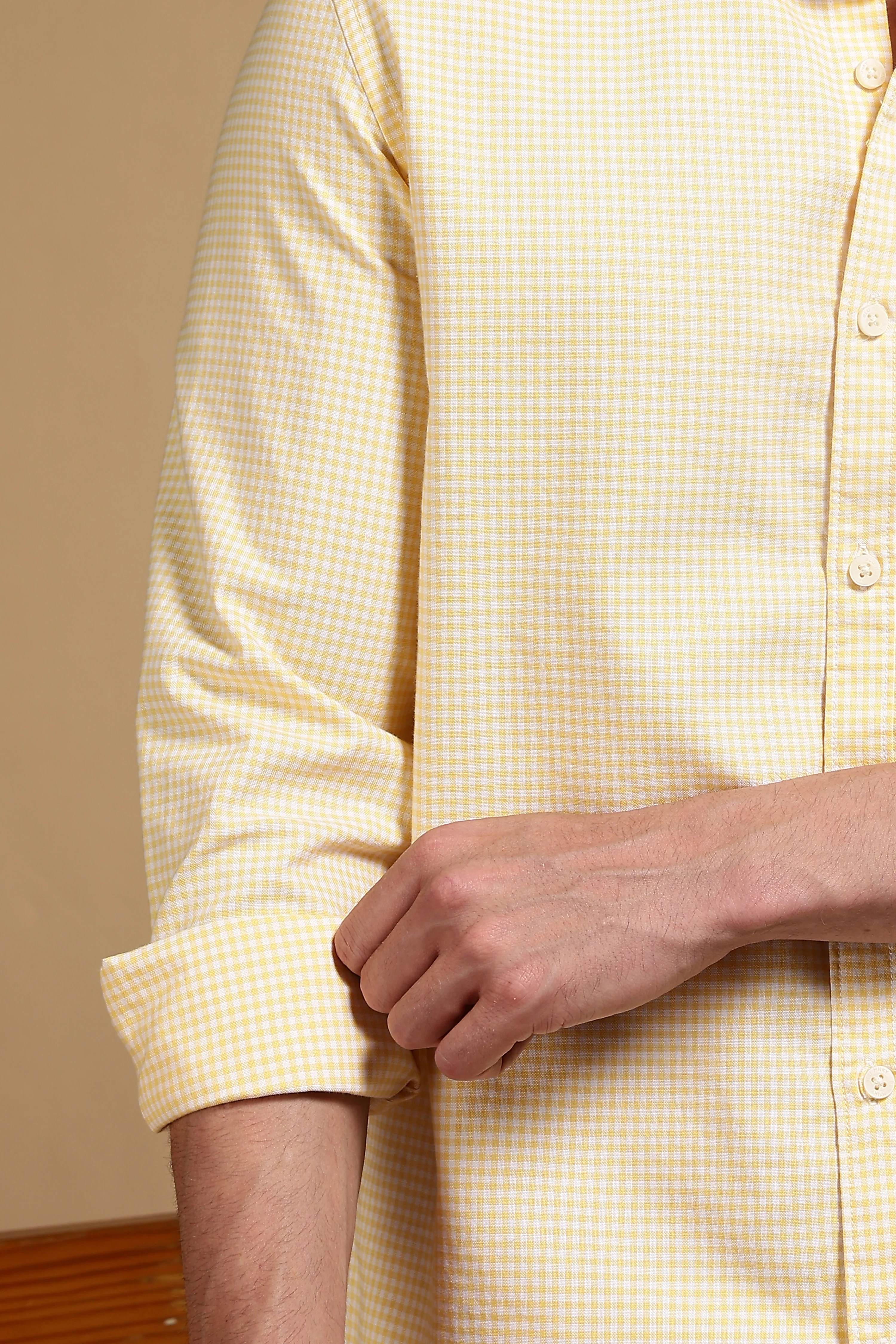 Men Yellow Cotton Oxford Slim Fit Mini Checks Shirt - Image 6