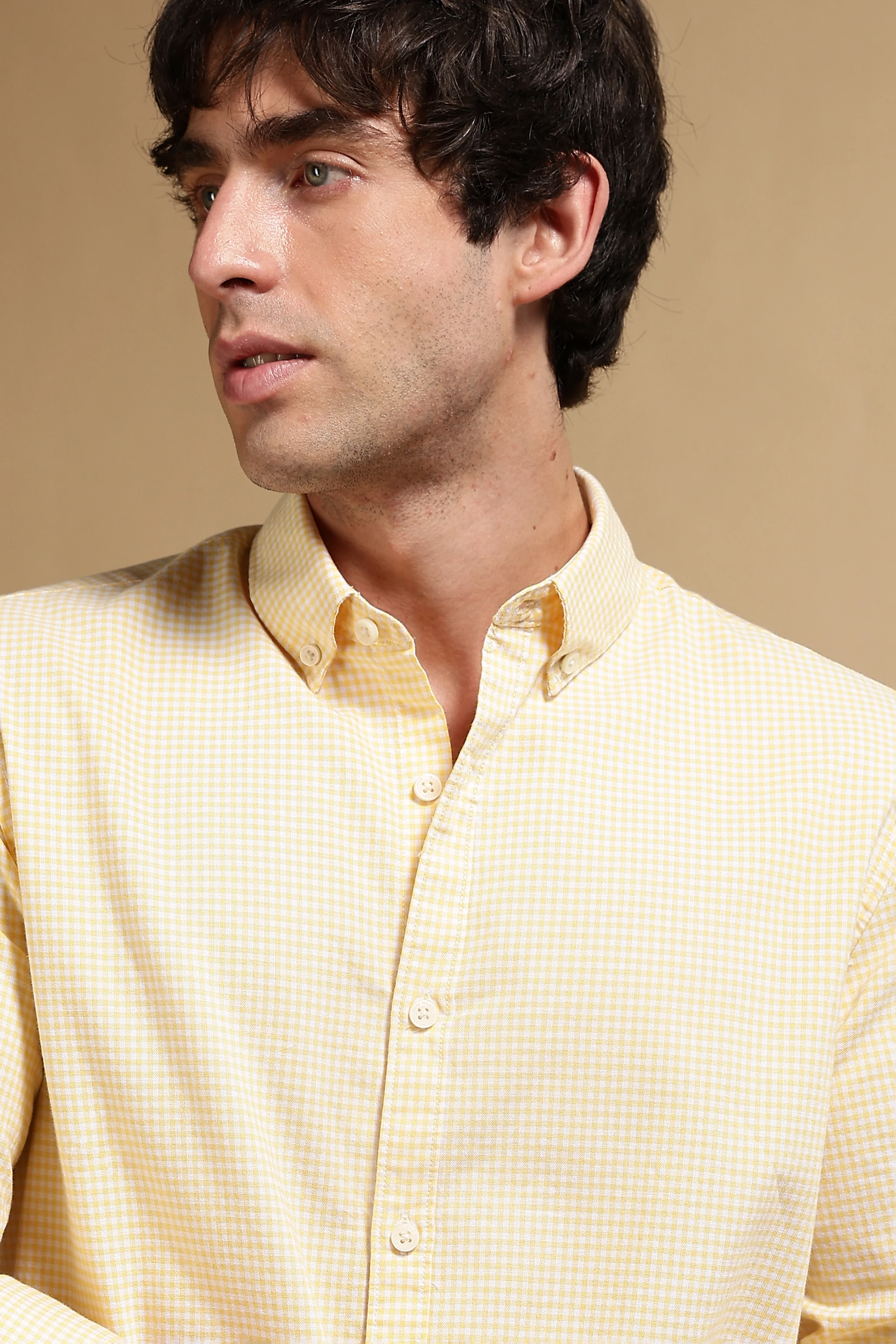 Men Yellow Cotton Oxford Slim Fit Mini Checks Shirt - Image 8
