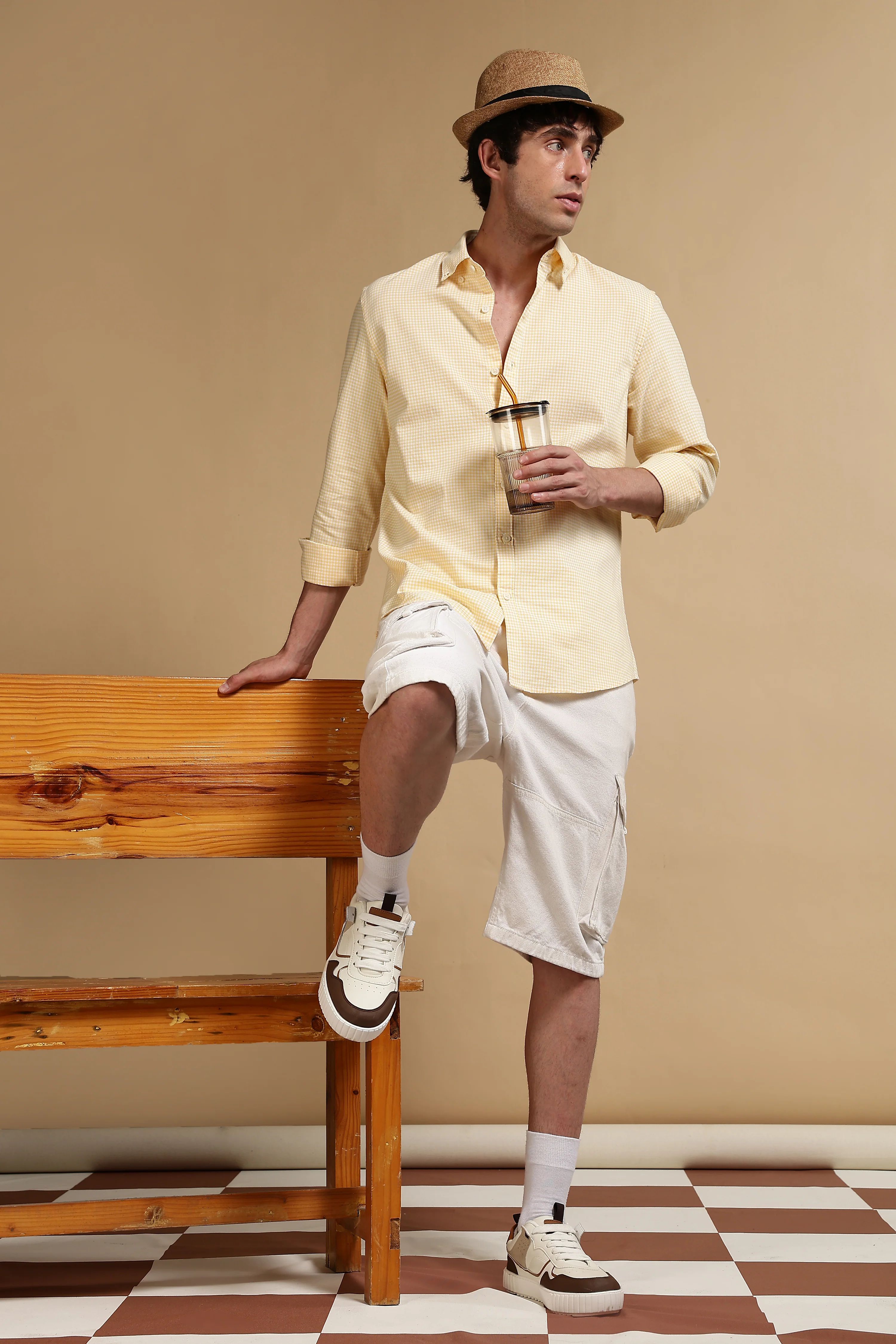 Men Yellow Cotton Oxford Slim Fit Mini Checks Shirt - Image 9