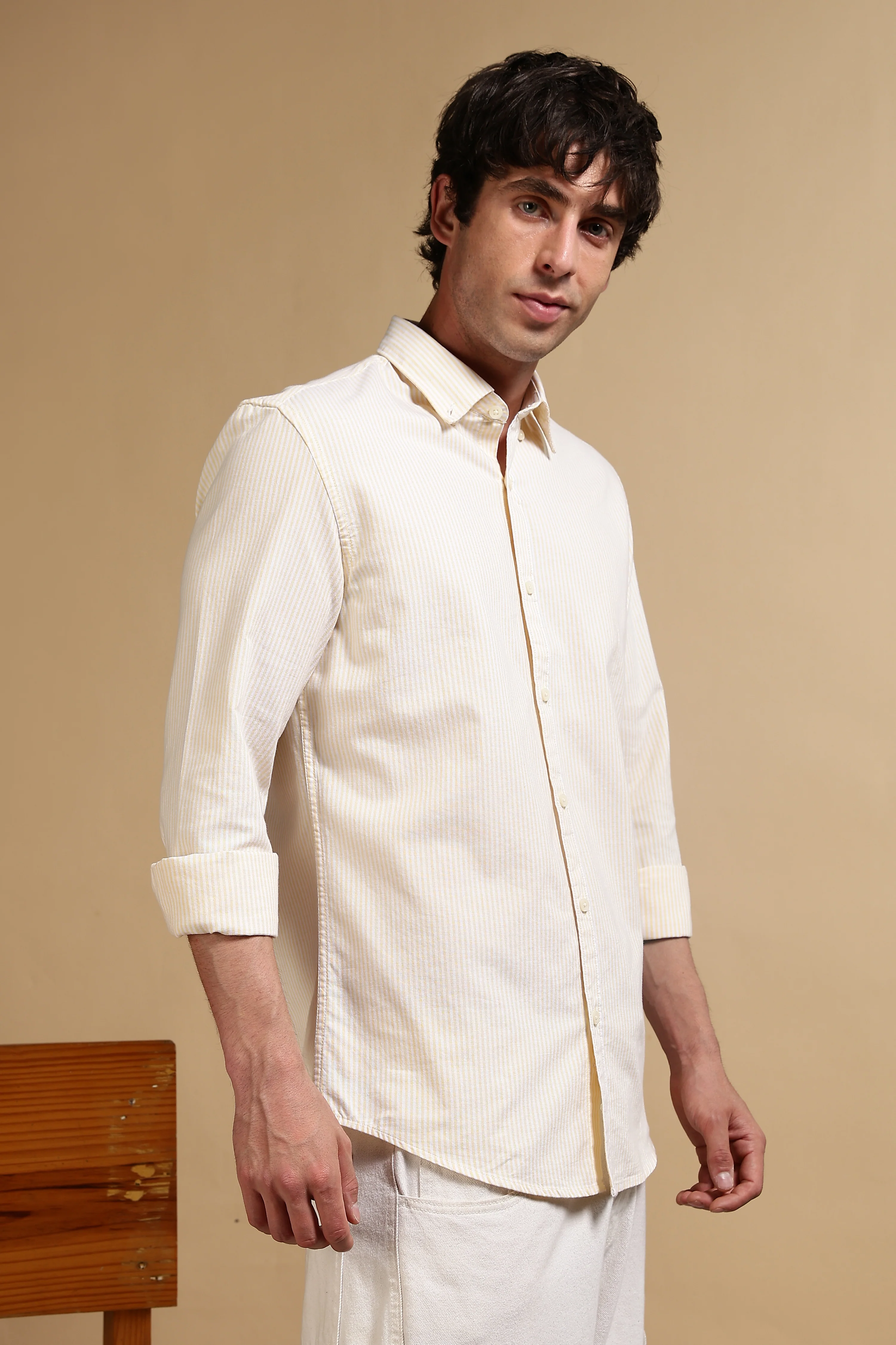 Men Yellow Cotton Oxford Slim Fit Striped Shirt - Image 2