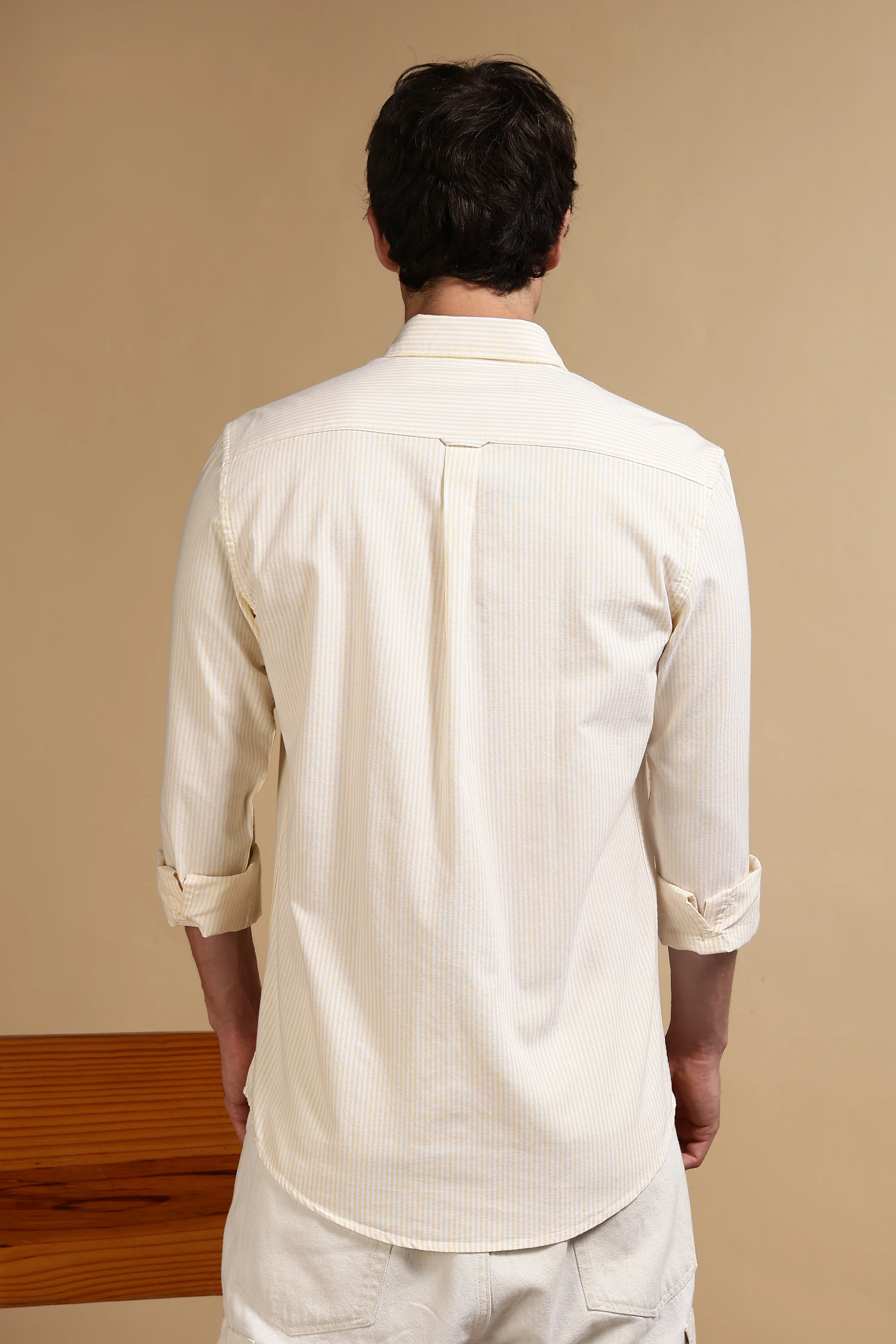 Men Yellow Cotton Oxford Slim Fit Striped Shirt - Image 3