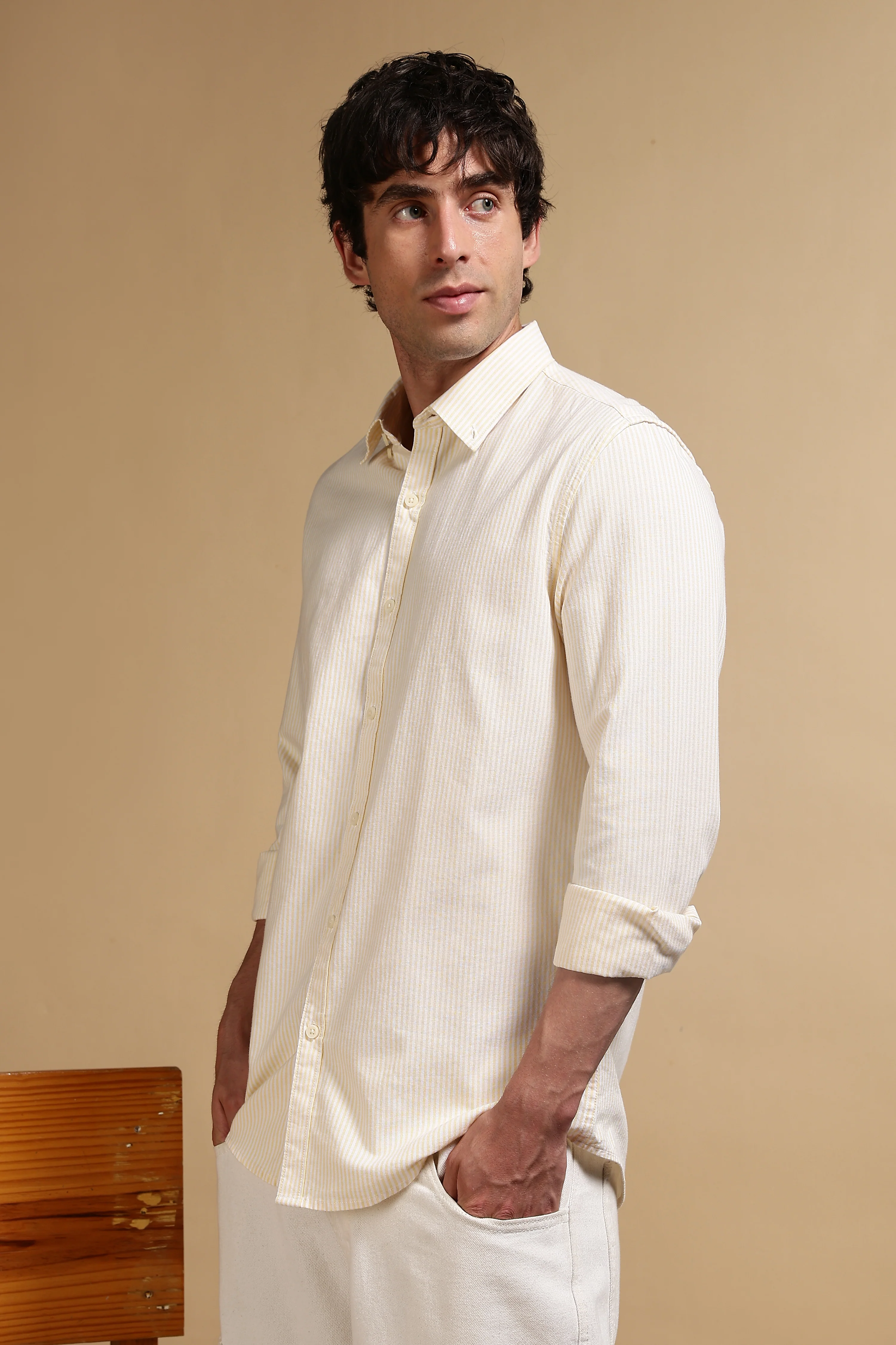 Men Yellow Cotton Oxford Slim Fit Striped Shirt - Image 4