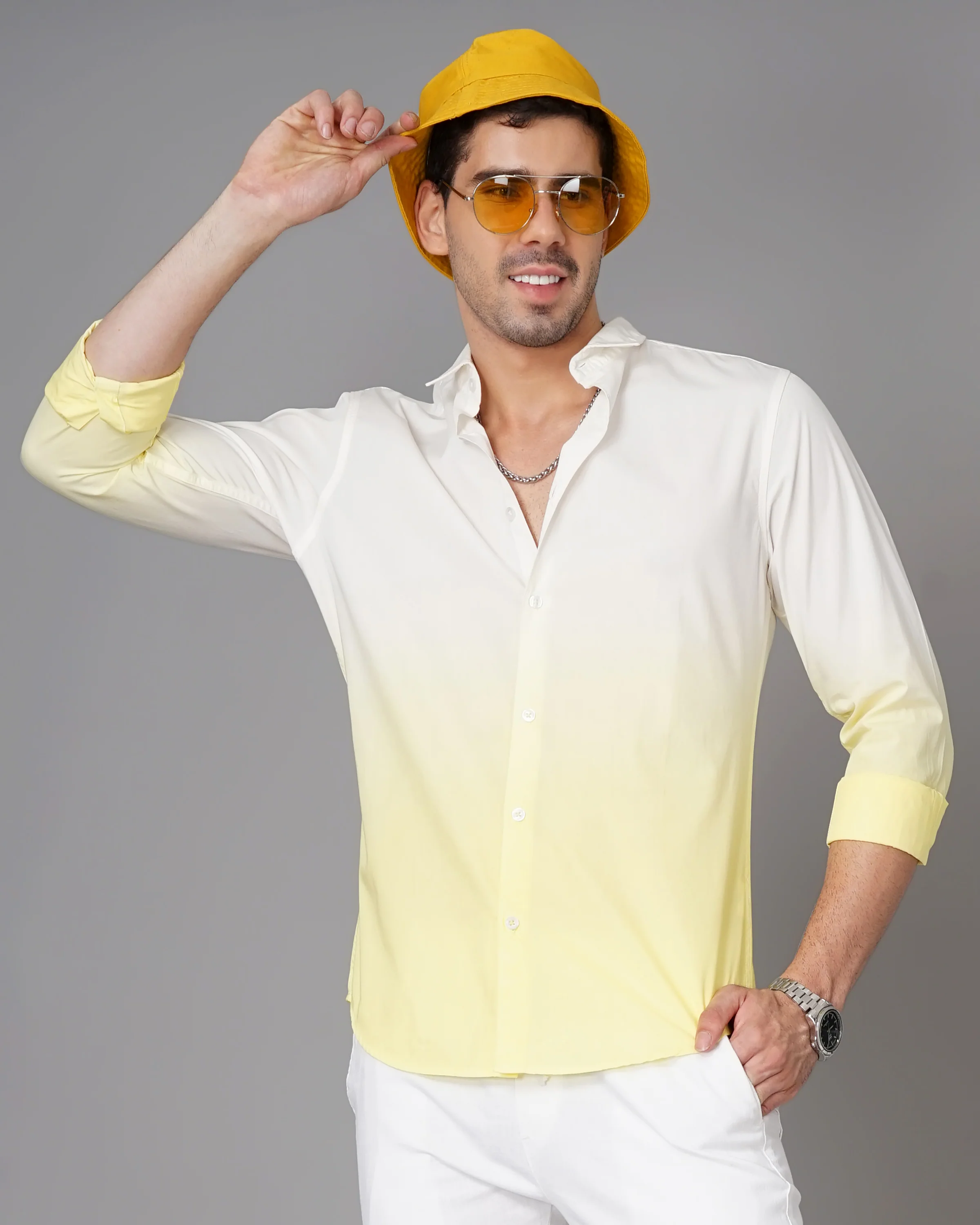 Men Yellow Cotton Slim Shirt - Image 2