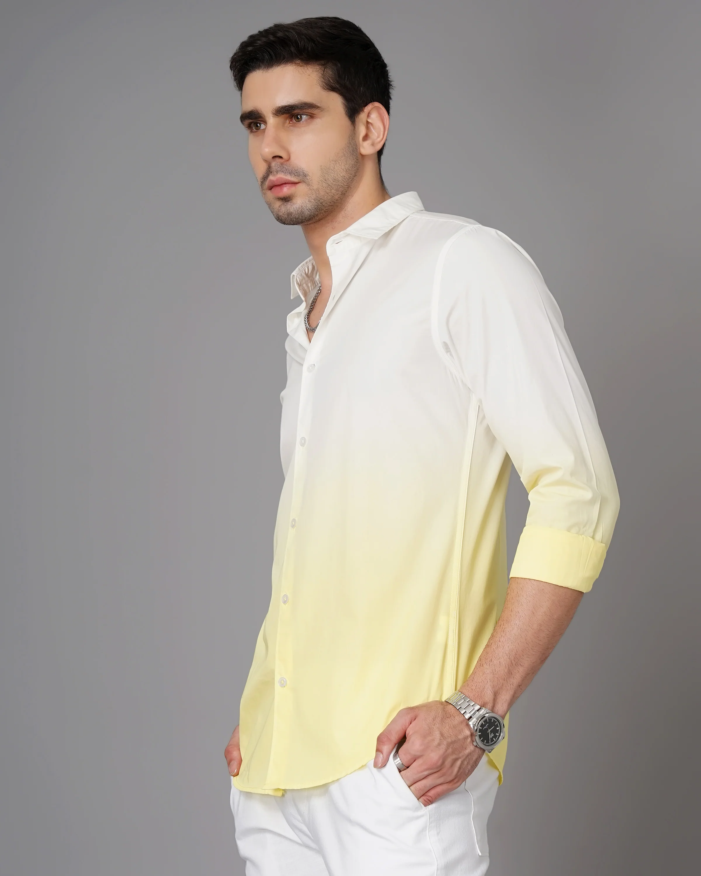 Men Yellow Cotton Slim Shirt - Image 6