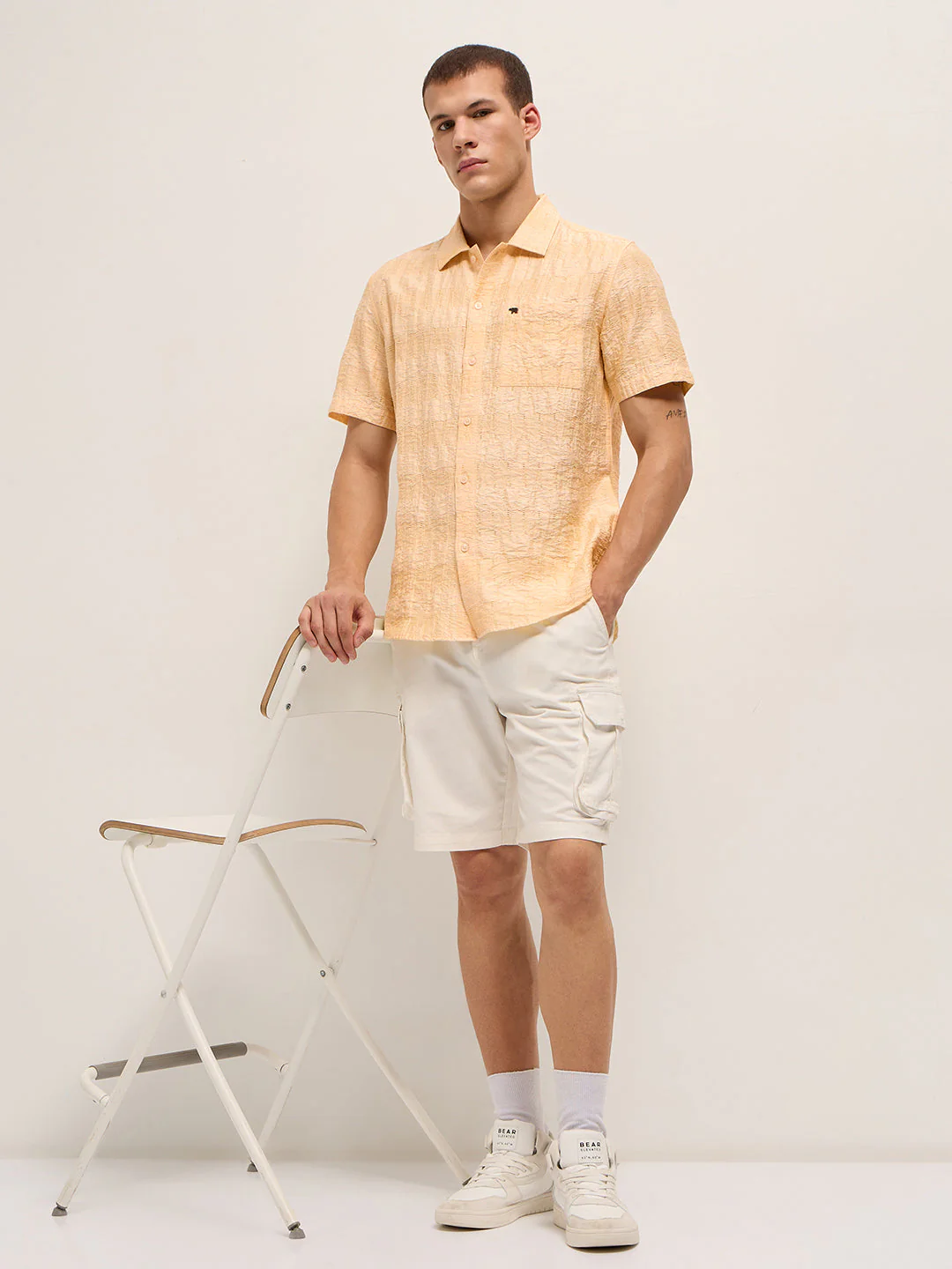 Men Yellow Crinkle Textured Regular Fit Half-Sleeve Casual Shirt - Image 4