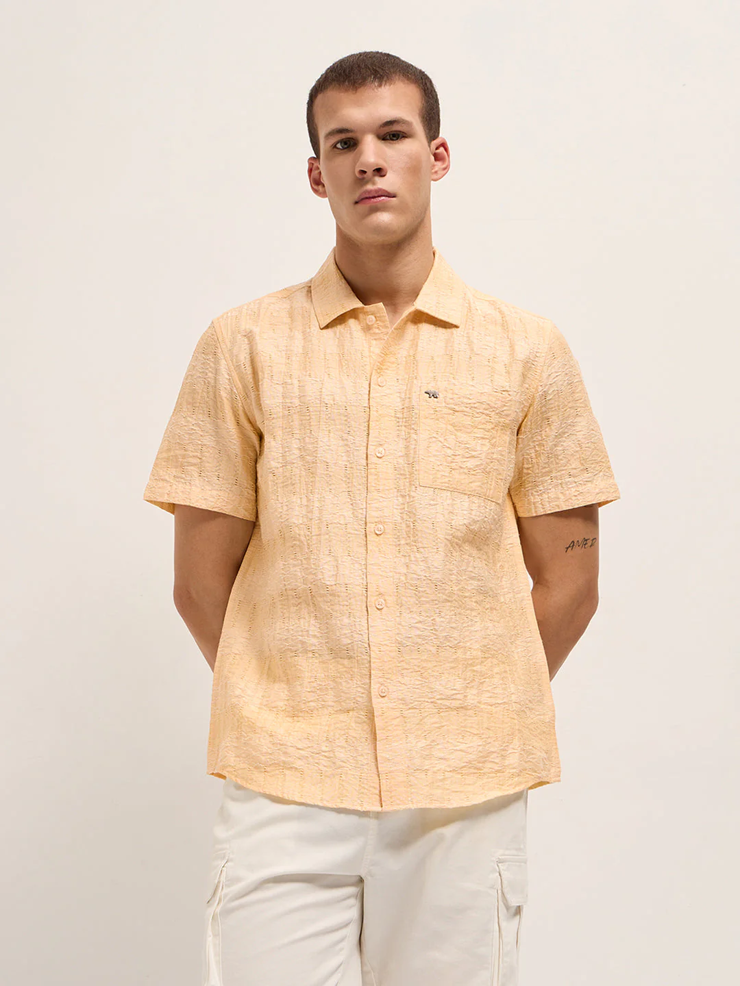 Men Yellow Crinkle Textured Regular Fit Half-Sleeve Casual Shirt - Image 5