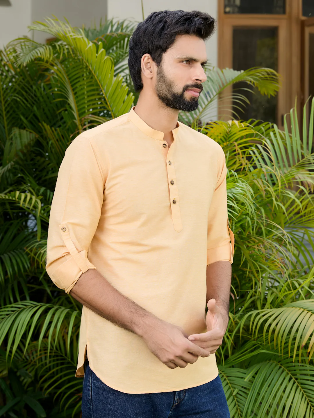 Men Yellow Deluxe Cotton Short Kurta - Image 3