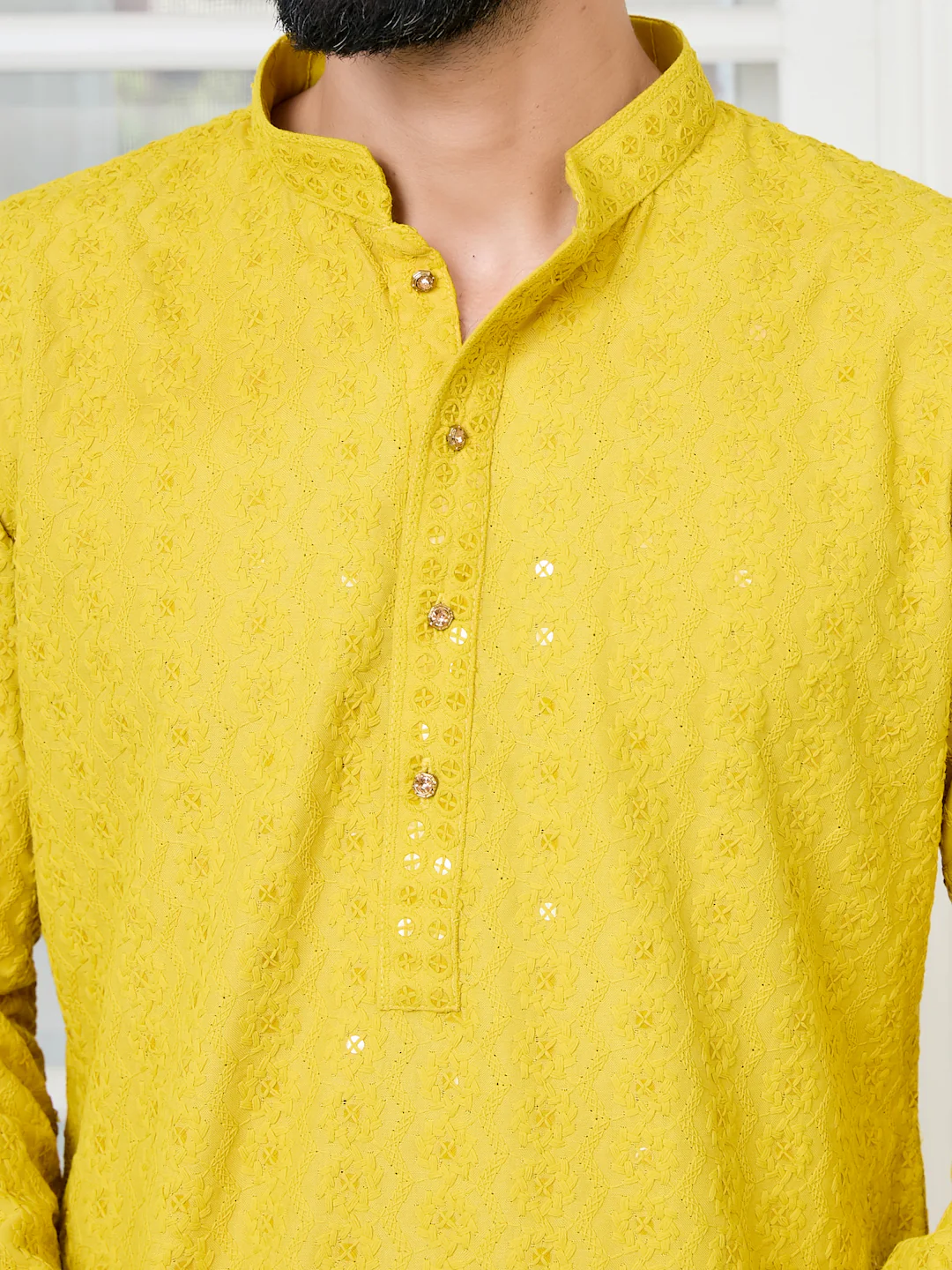 Men Yellow Embroidered Rayon Kurta - Image 2