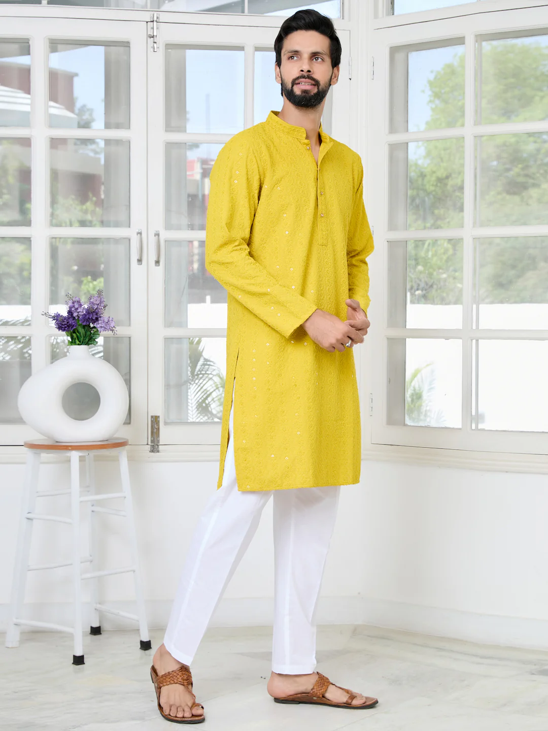 Men Yellow Embroidered Rayon Kurta - Image 3