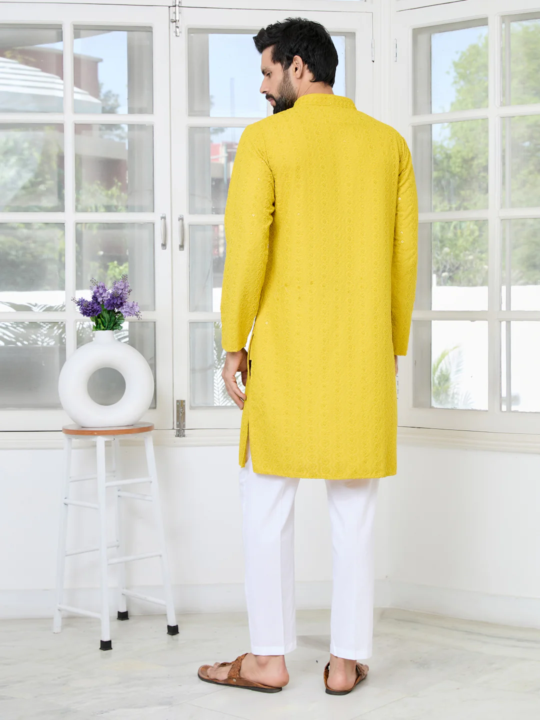 Men Yellow Embroidered Rayon Kurta - Image 4