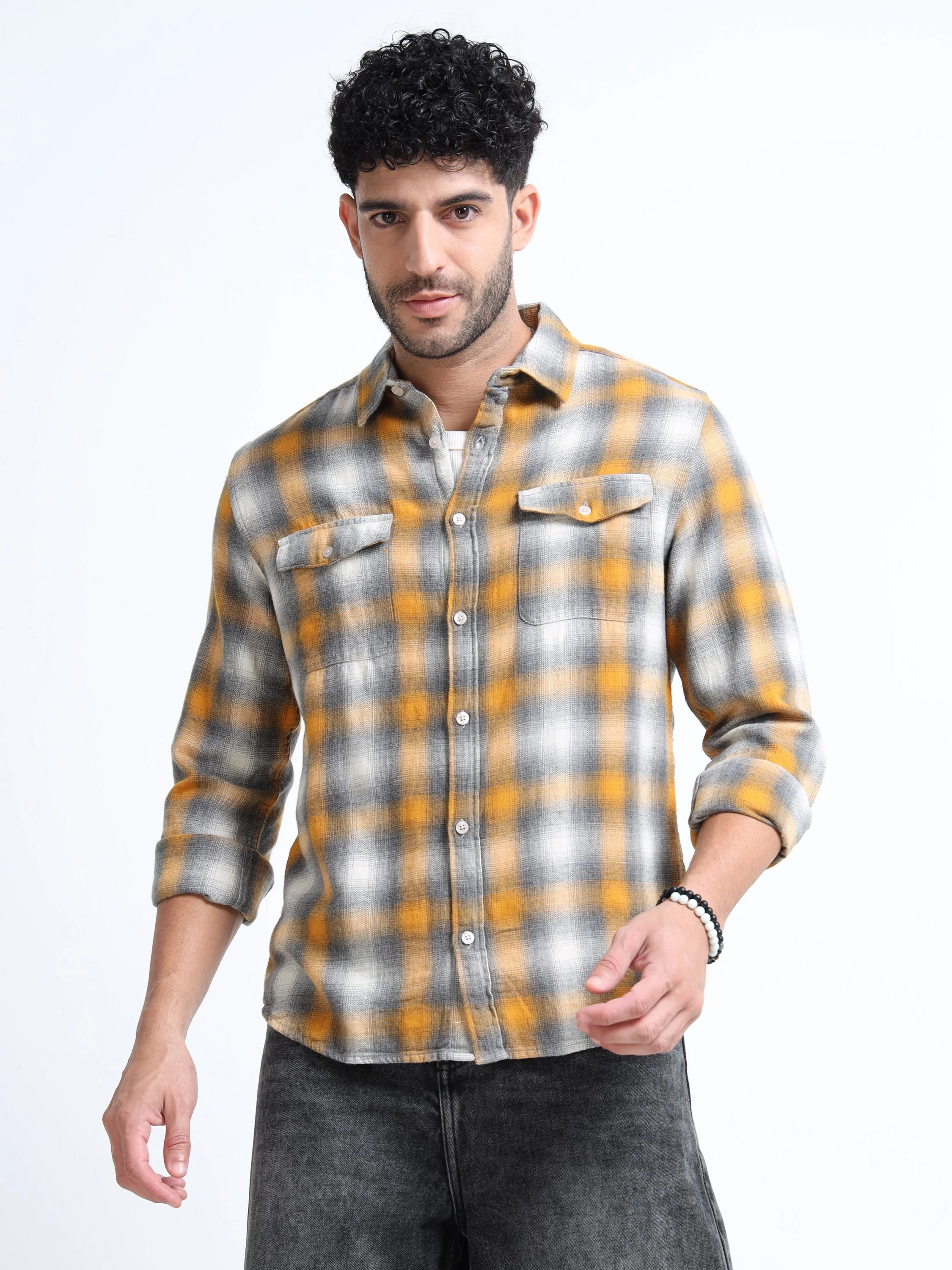 Men Yellow Grey Checkered Shirt  - Image 2