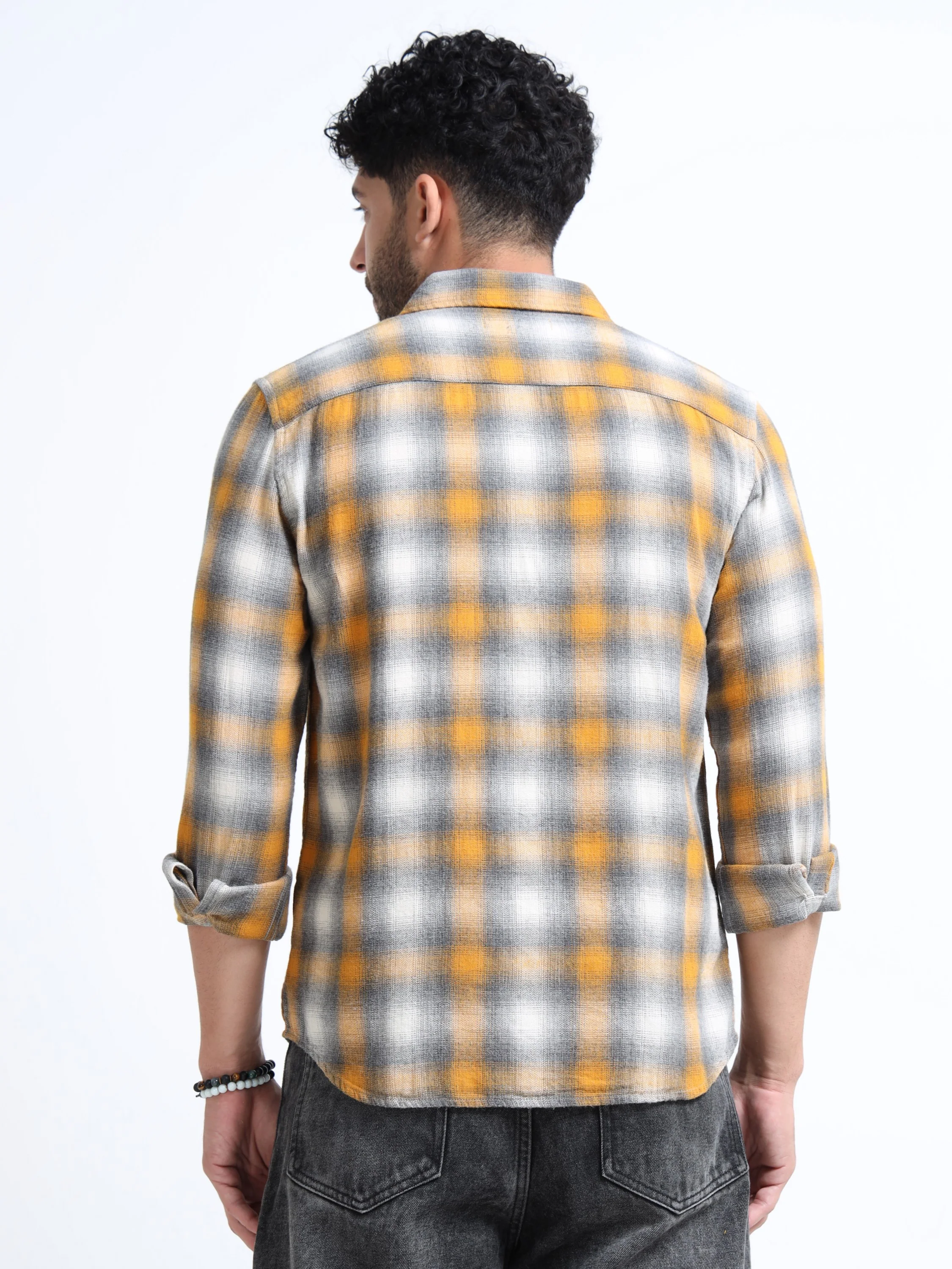 Men Yellow Grey Checkered Shirt  - Image 3