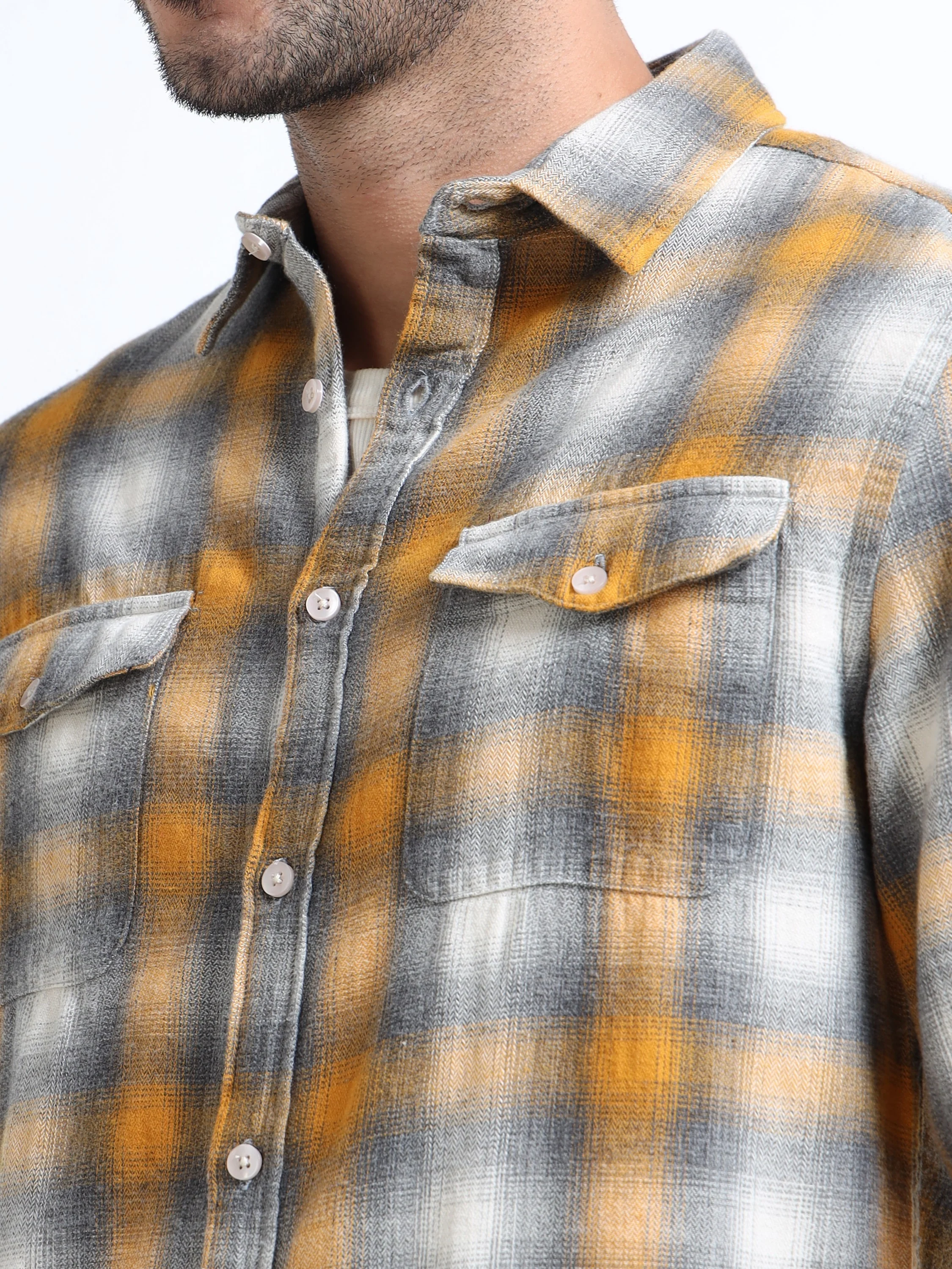 Men Yellow Grey Checkered Shirt  - Image 4