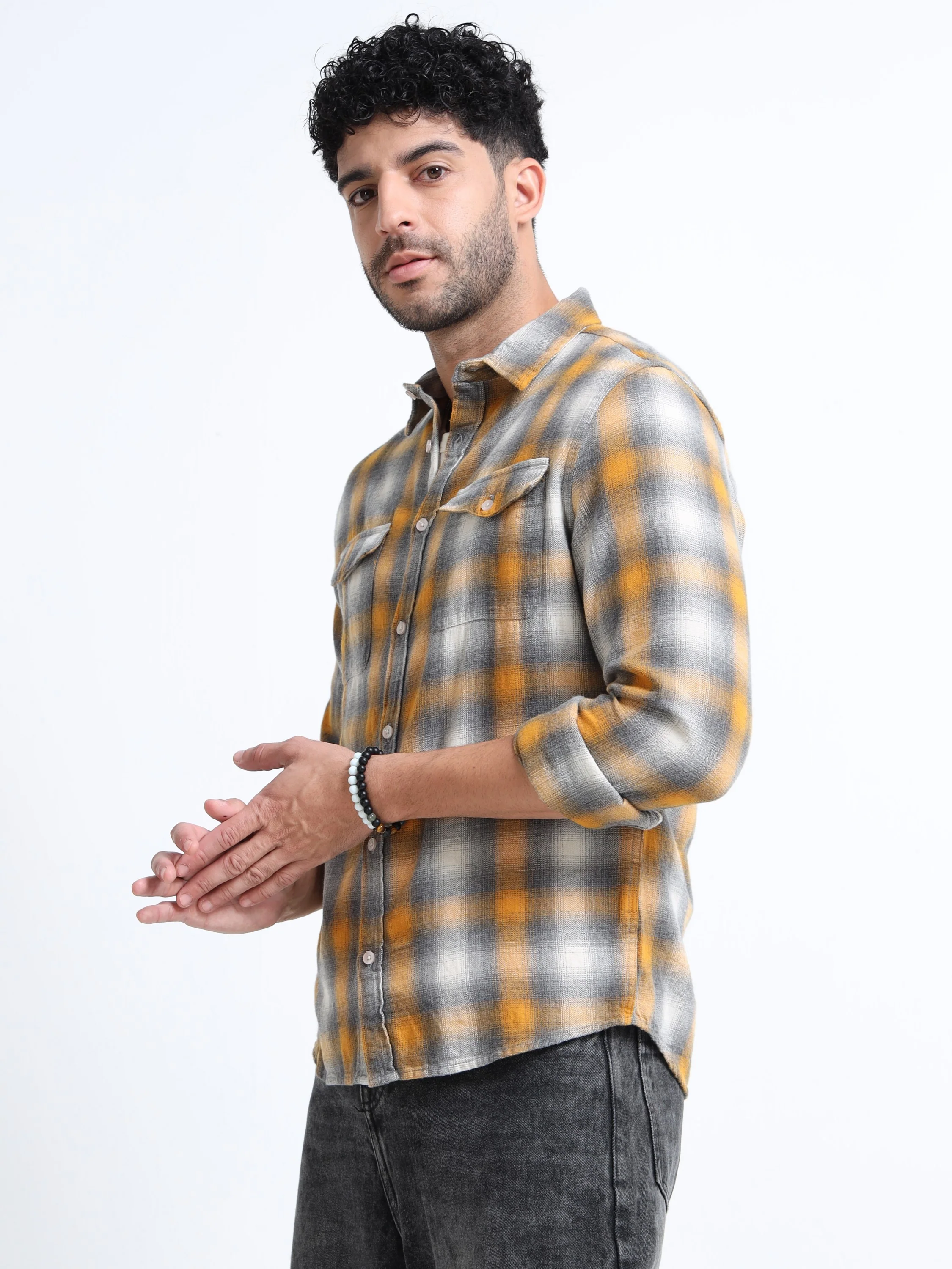 Men Yellow Grey Checkered Shirt  - Image 6