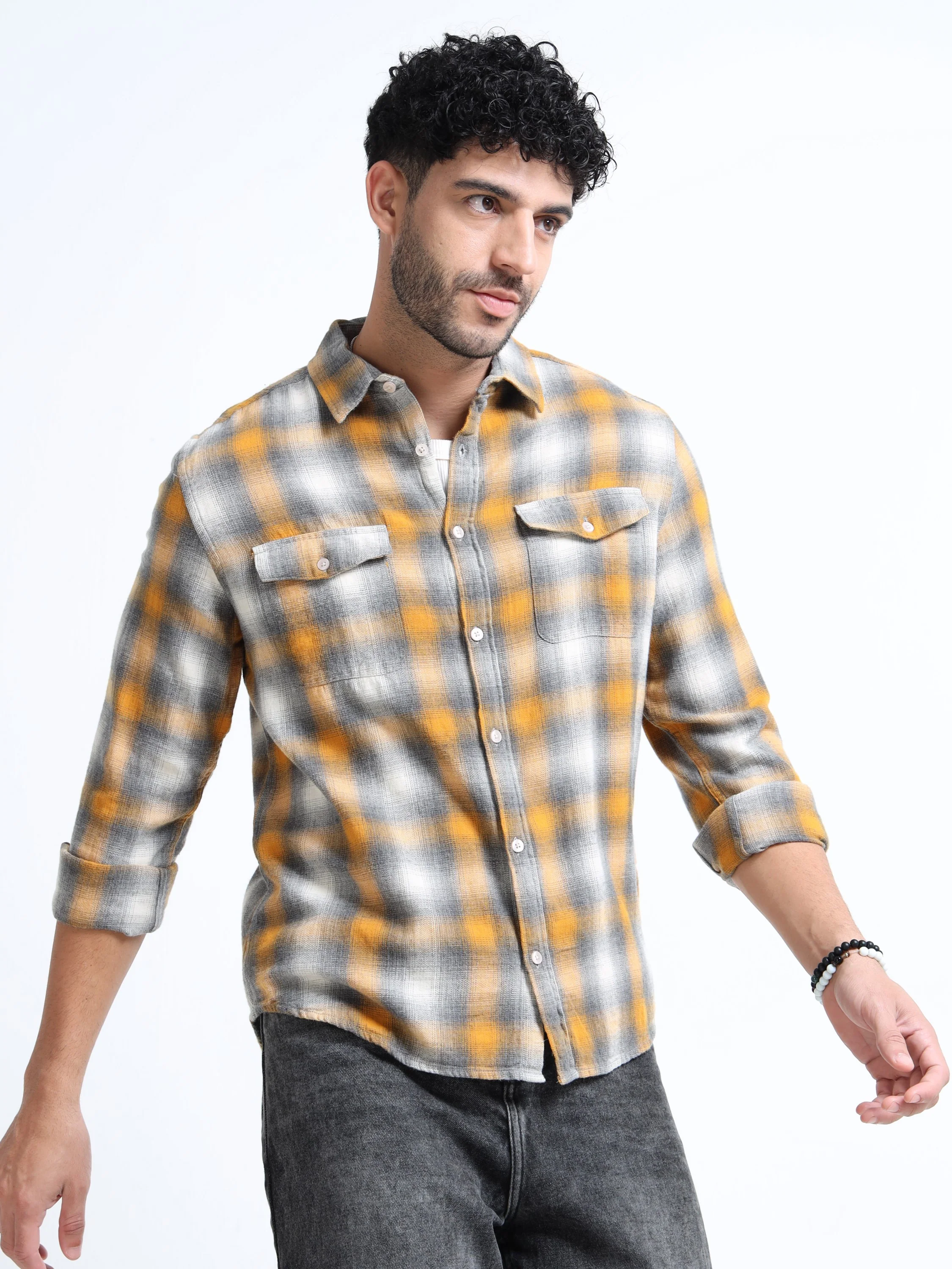 Men Yellow Grey Checkered Shirt  - Image 7