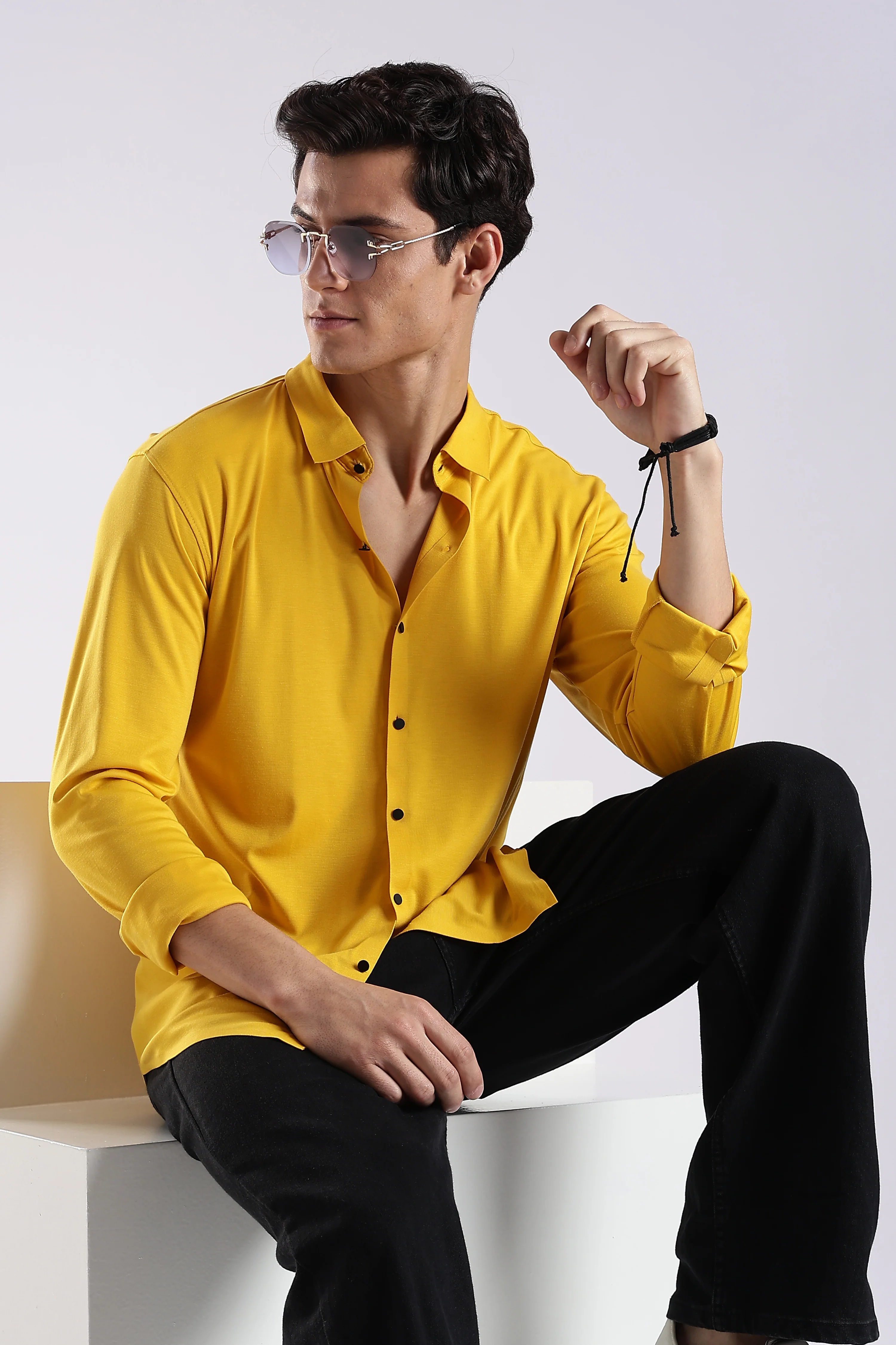Men Yellow Knitted Slim Fit Shirt - Image 10