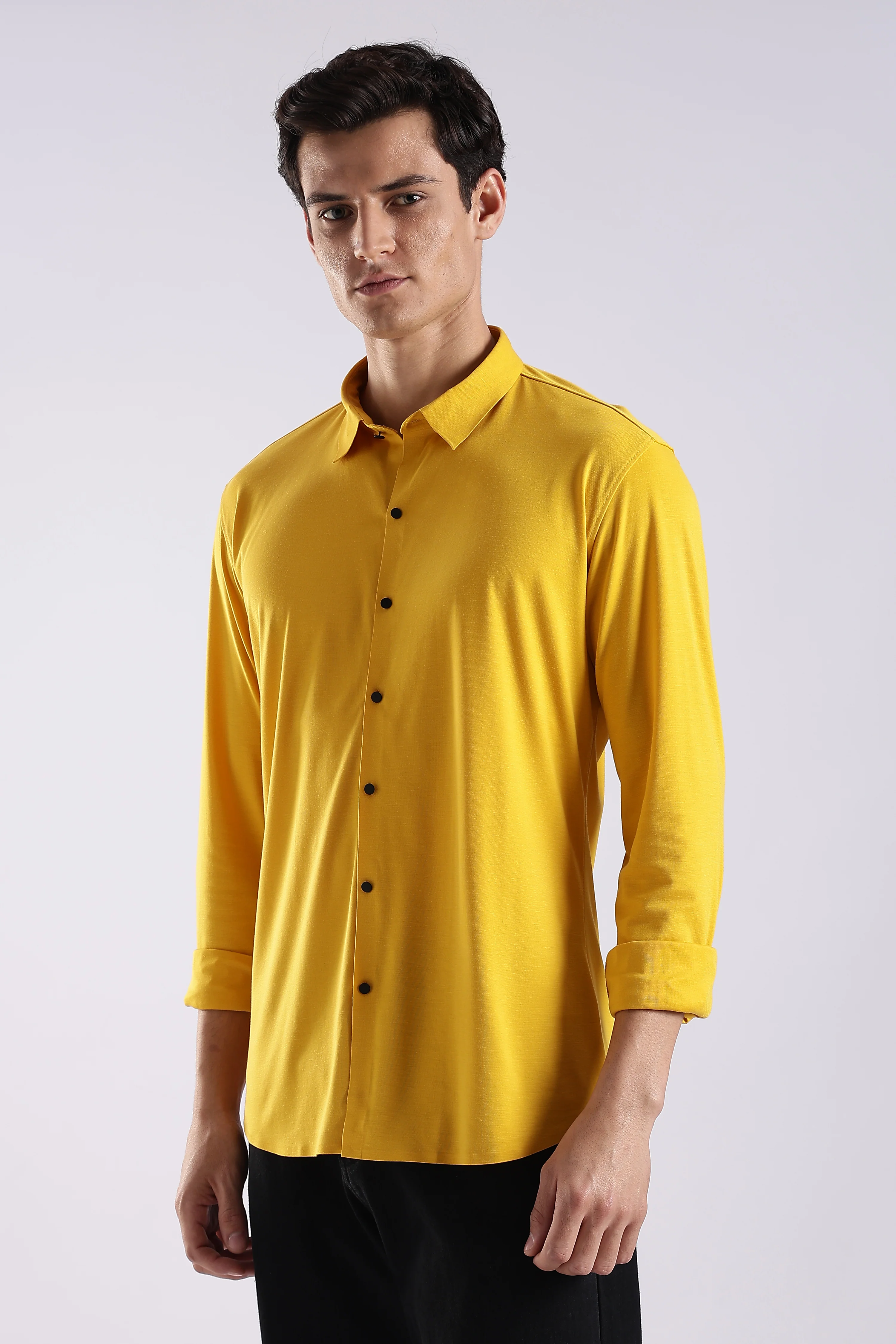 Men Yellow Knitted Slim Fit Shirt - Image 3