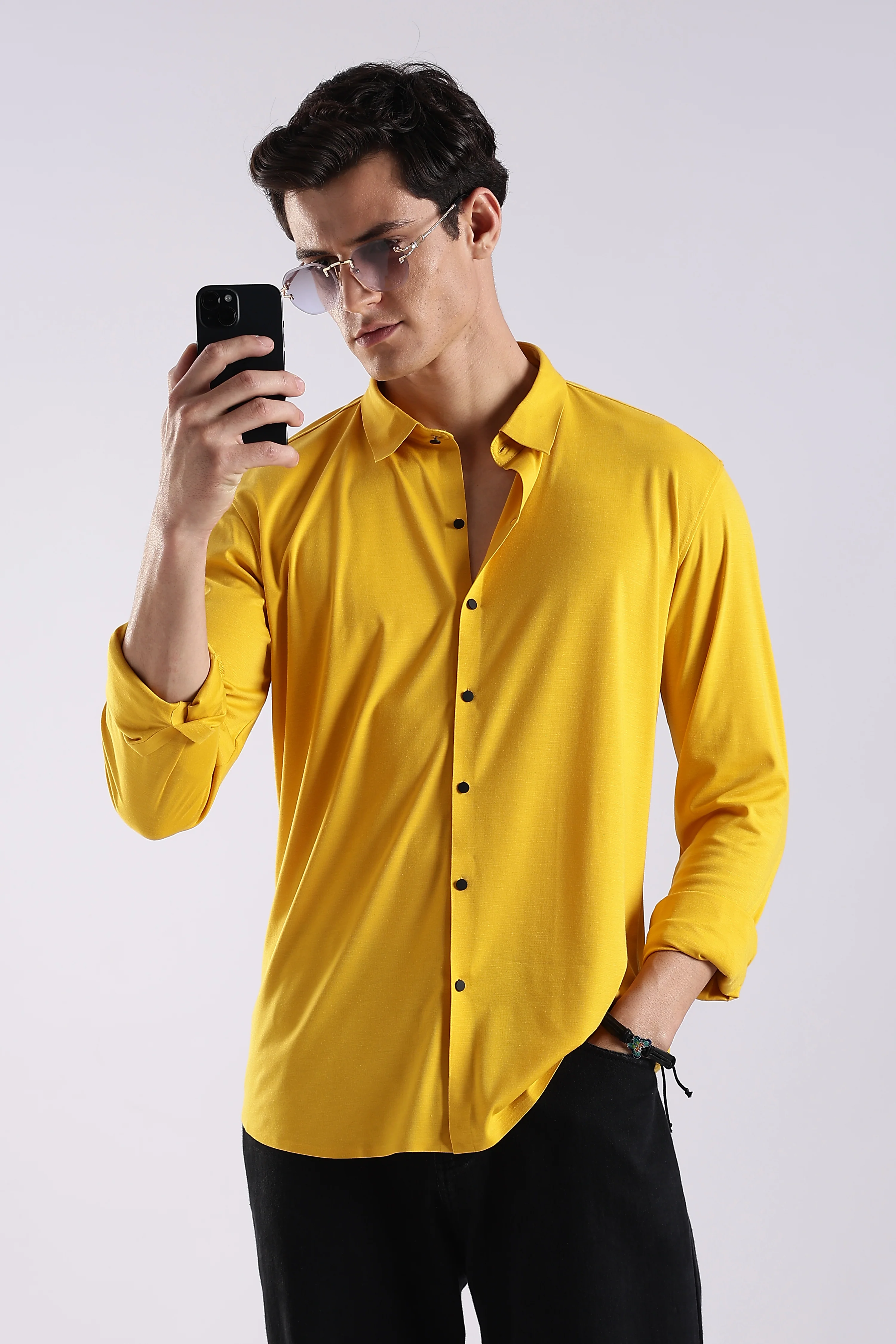Men Yellow Knitted Slim Fit Shirt - Image 4