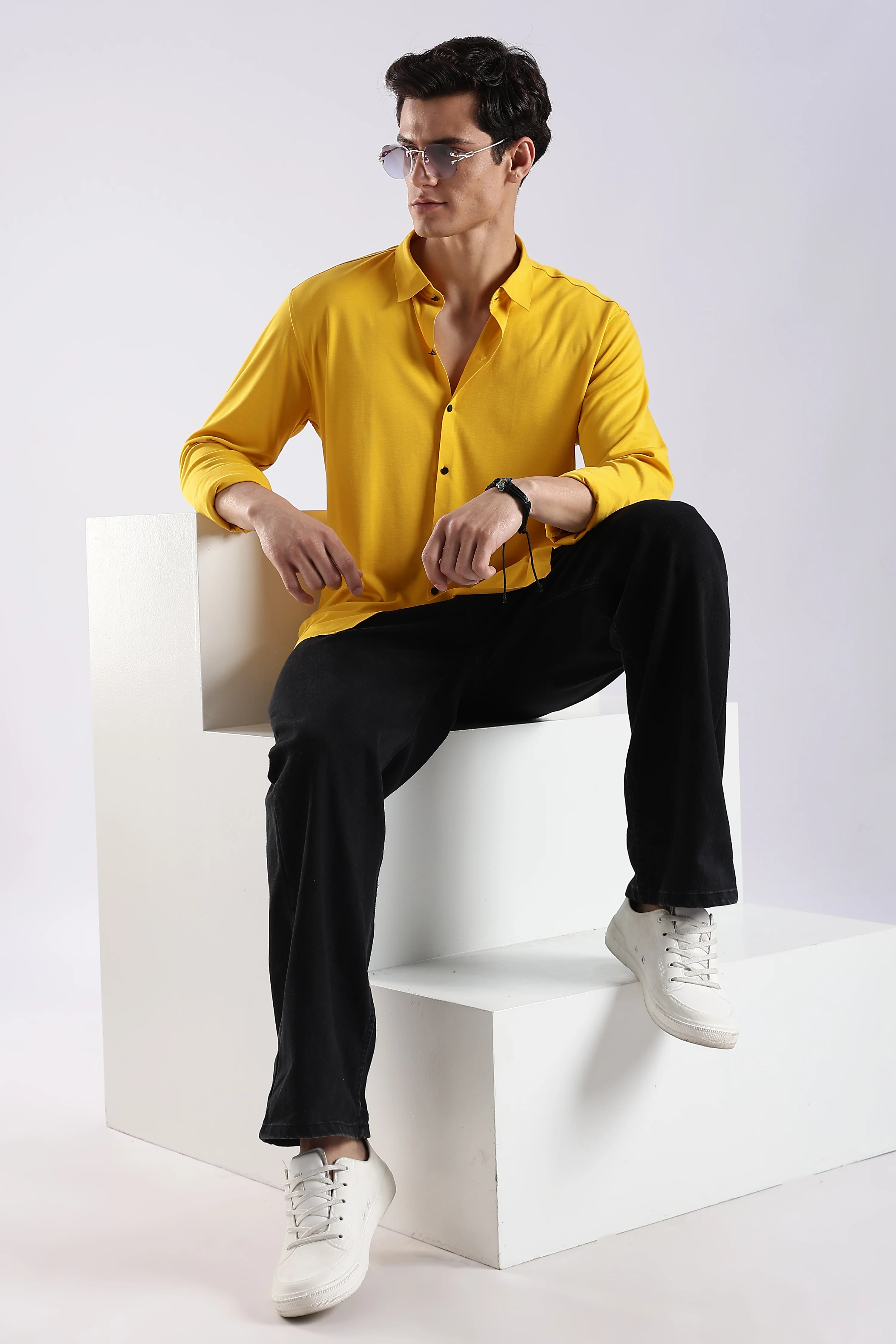 Men Yellow Knitted Slim Fit Shirt - Image 5