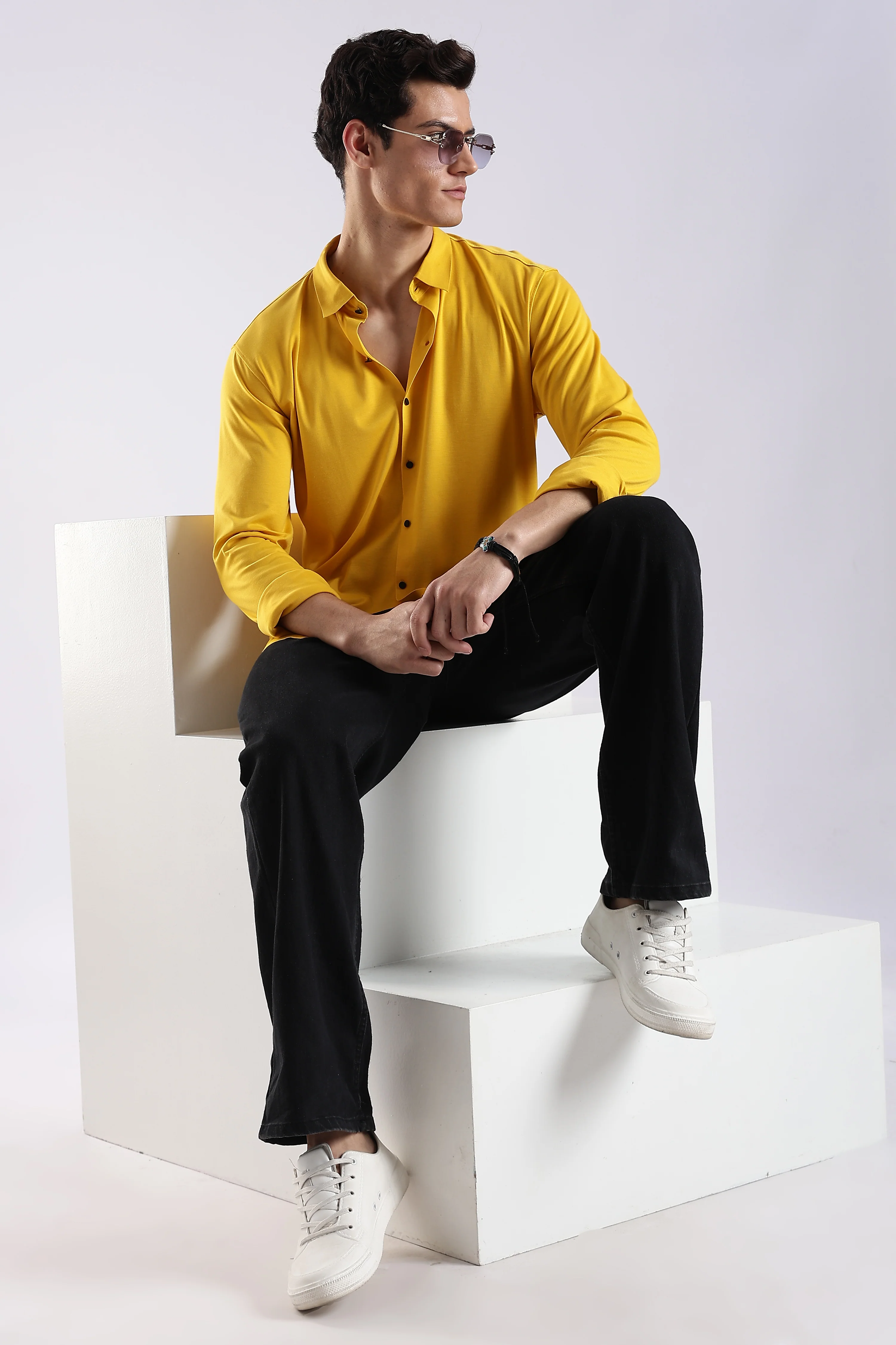 Men Yellow Knitted Slim Fit Shirt - Image 8