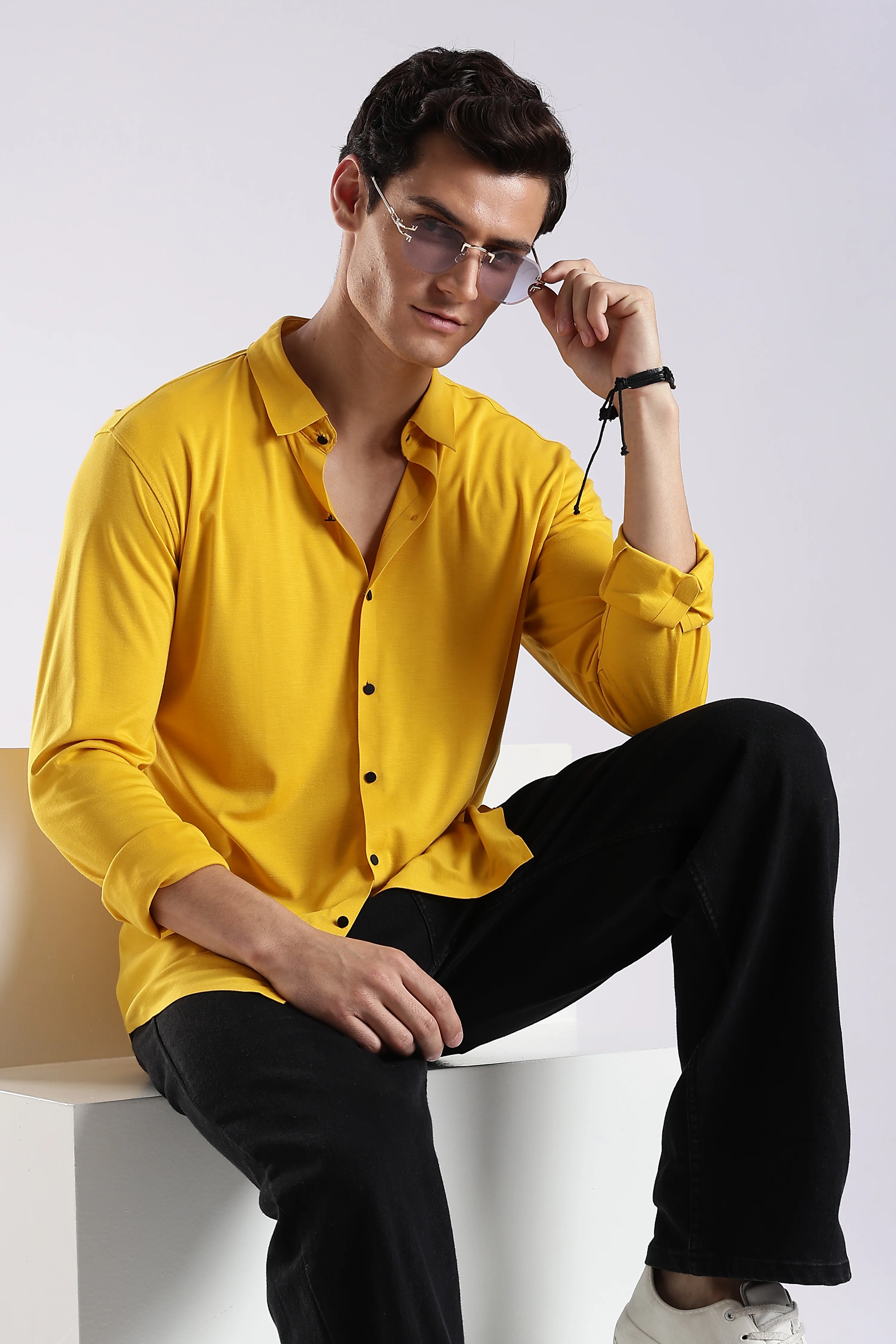 Men Yellow Knitted Slim Fit Shirt - Image 9