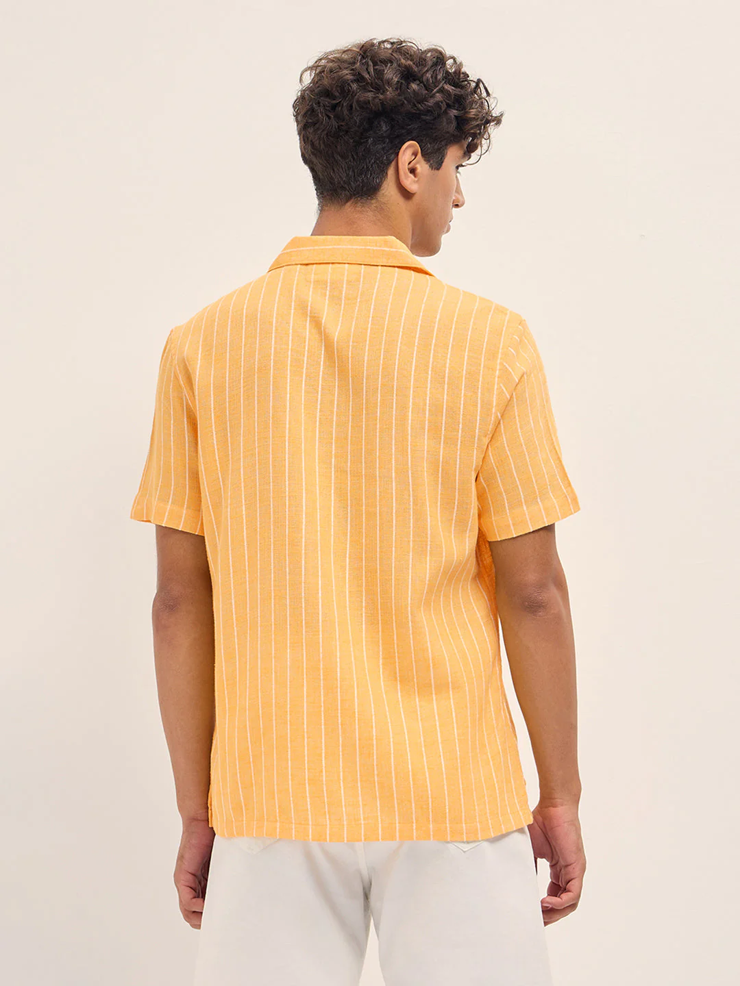Men Yellow Linen Vertical Textured Stripe Relaxed Fit Half Sleeve Casual Shirt - Image 2