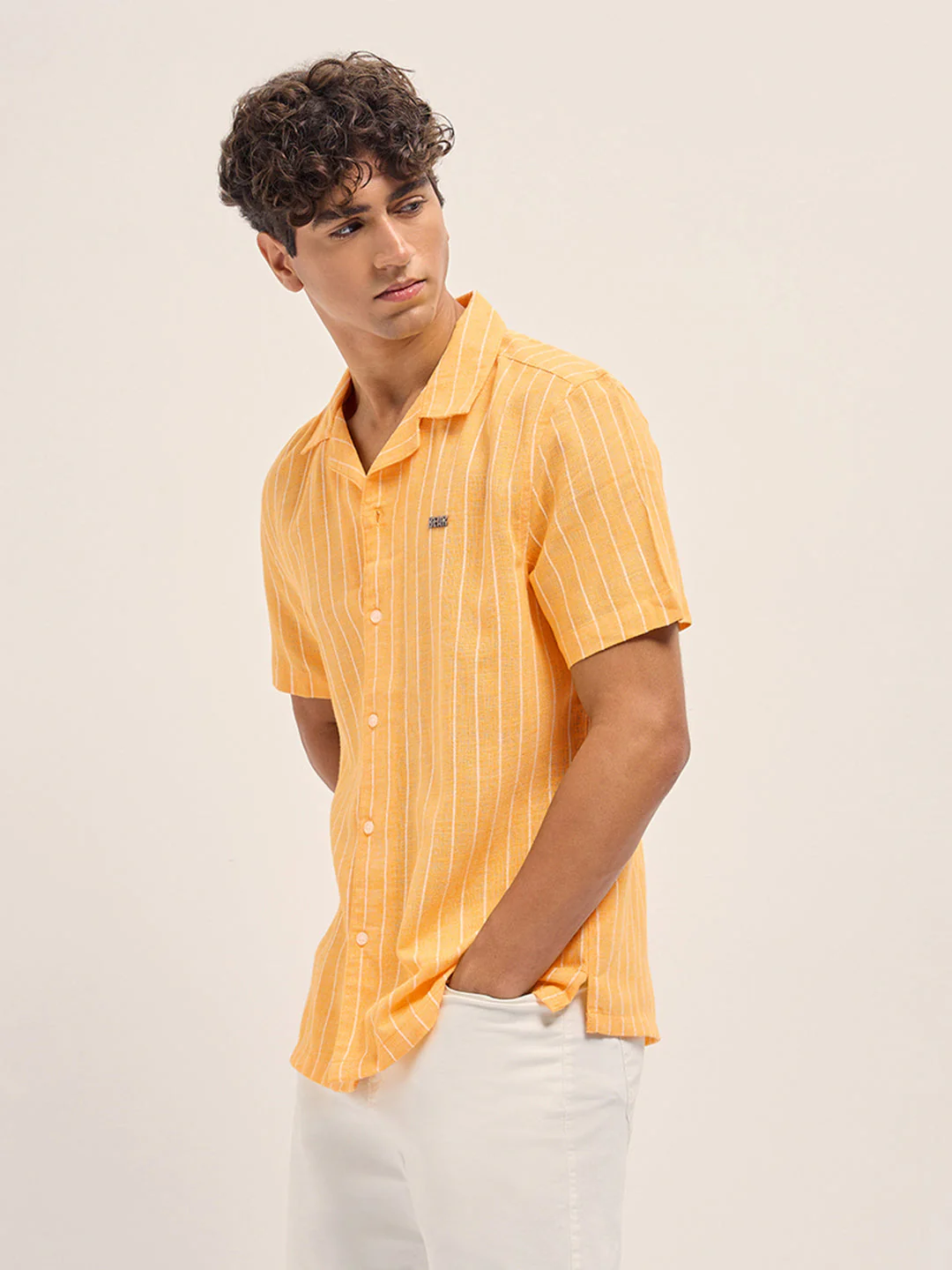 Men Yellow Linen Vertical Textured Stripe Relaxed Fit Half Sleeve Casual Shirt - Image 3