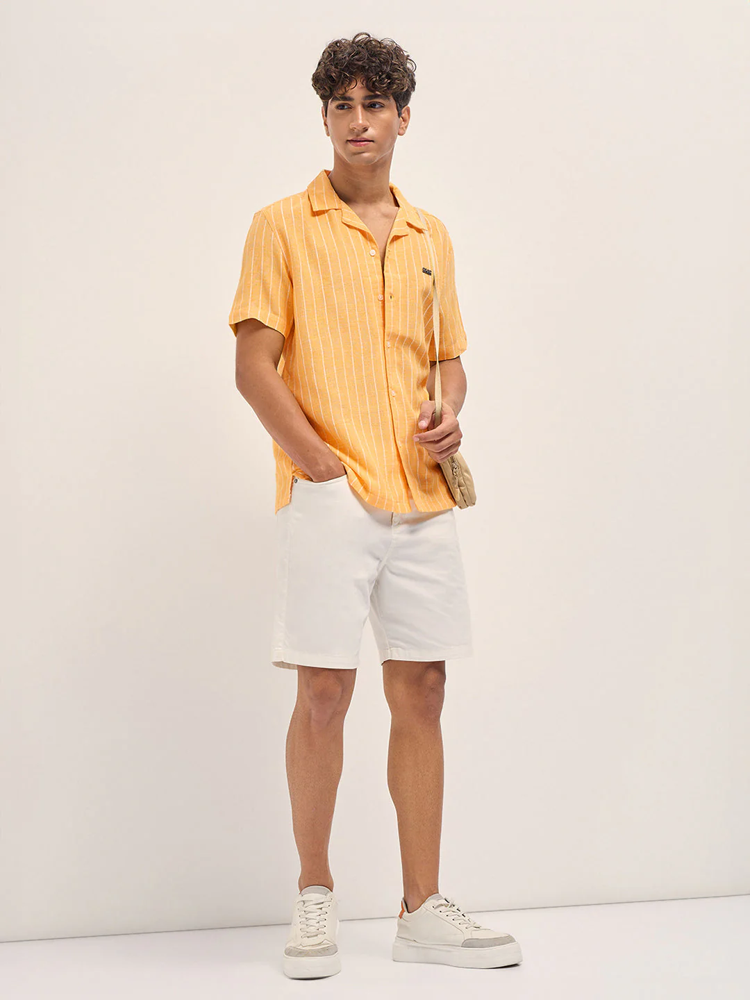 Men Yellow Linen Vertical Textured Stripe Relaxed Fit Half Sleeve Casual Shirt - Image 4