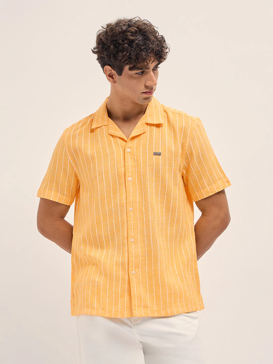 Men Yellow Linen Vertical Textured Stripe Relaxed Fit Half Sleeve Casual Shirt - Image 6