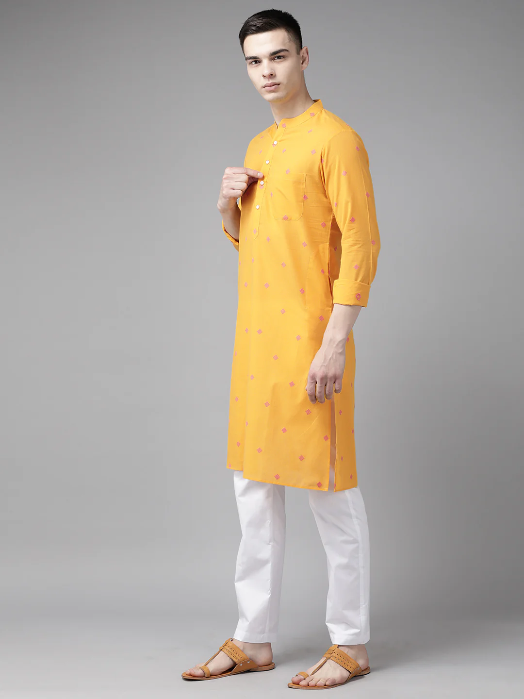 Men Yellow & Maroon  Woven Design Straight Kurta - Image 2