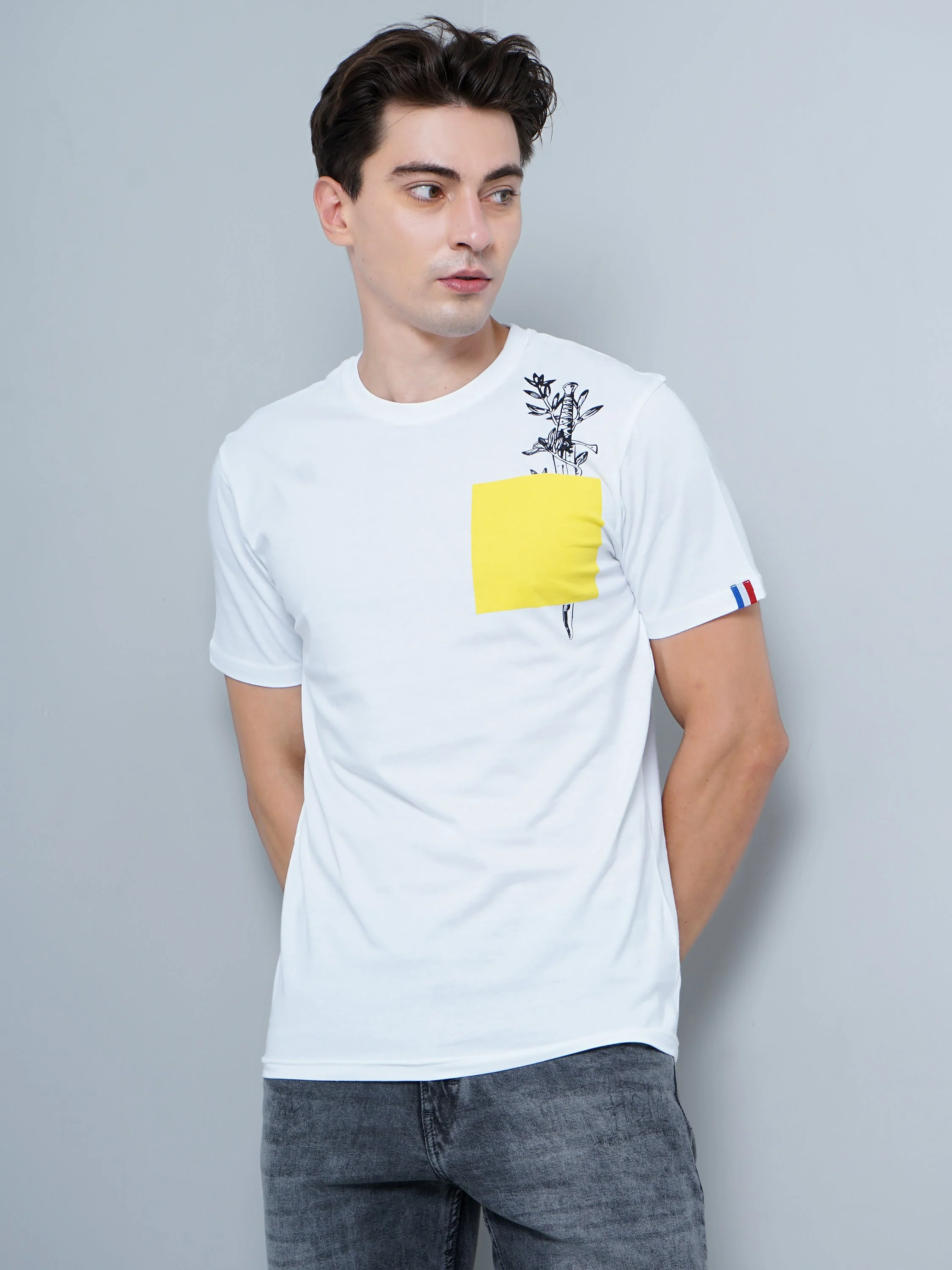 Men Yellow Patch White T-Shirt - Image 2