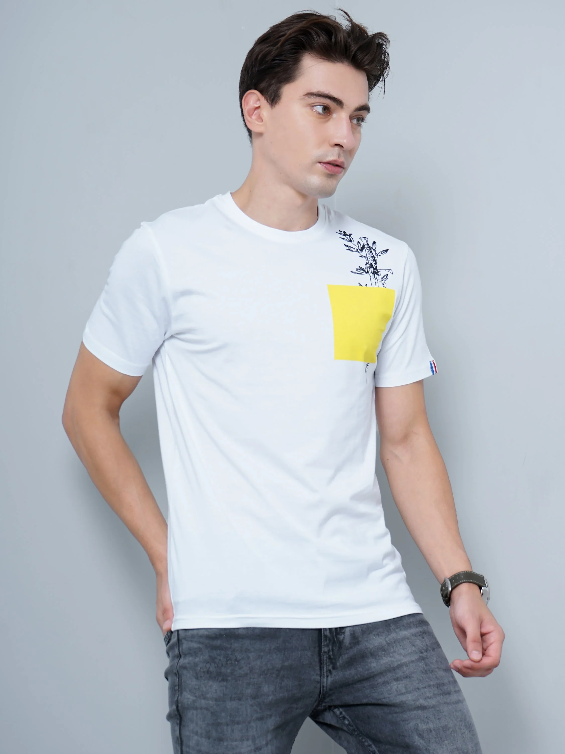 Men Yellow Patch White T-Shirt - Image 4
