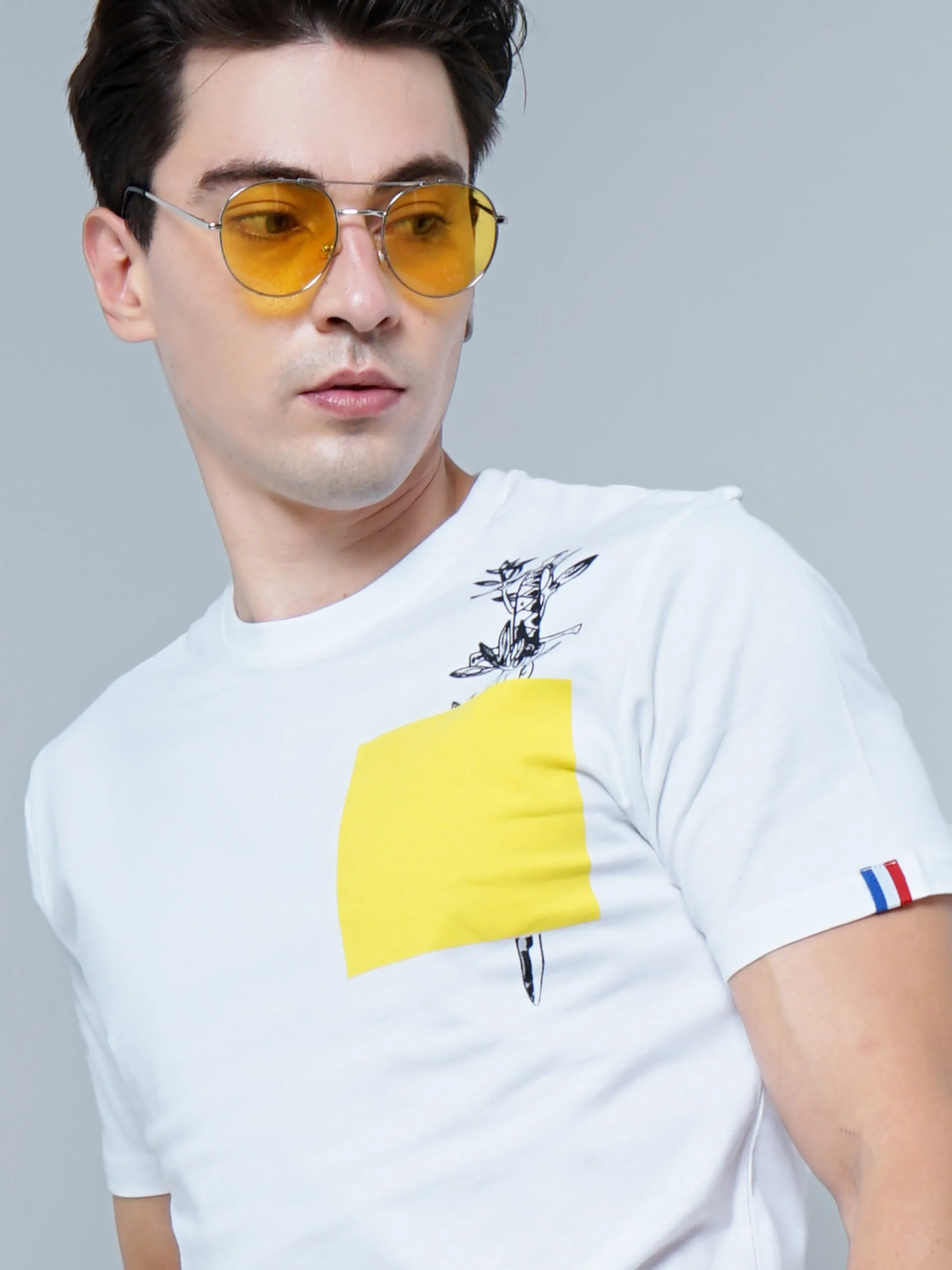 Men Yellow Patch White T-Shirt - Image 5