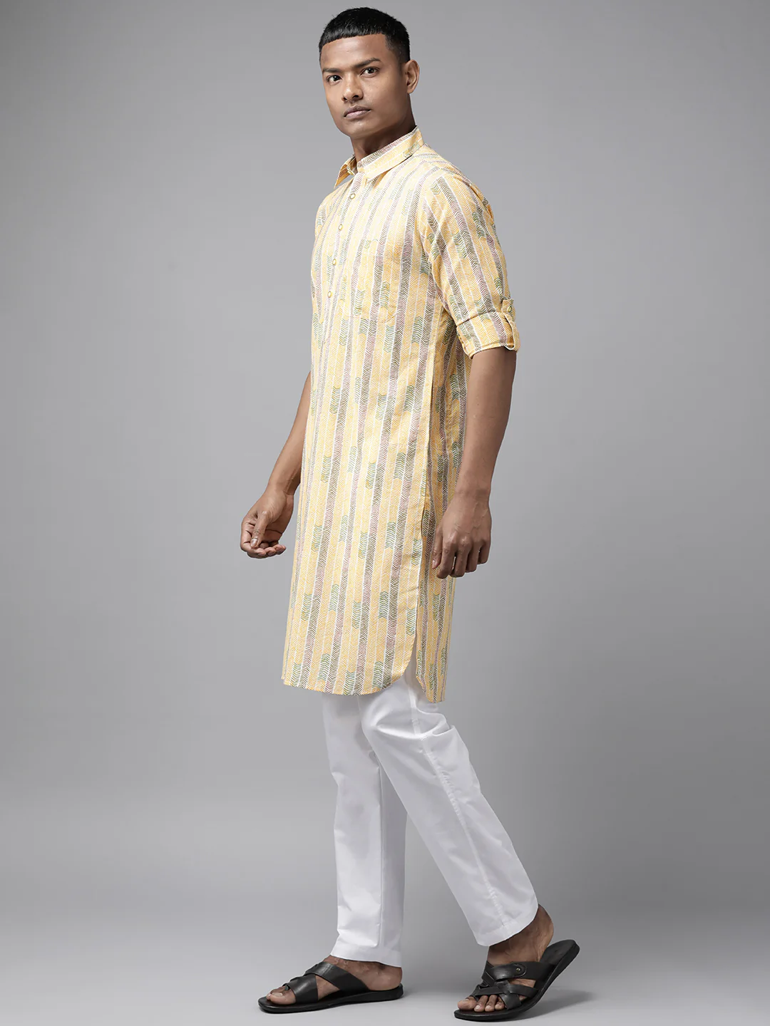 Men Yellow Regular Pure Cotton Pathani Printed Men'S Kurta - Image 4