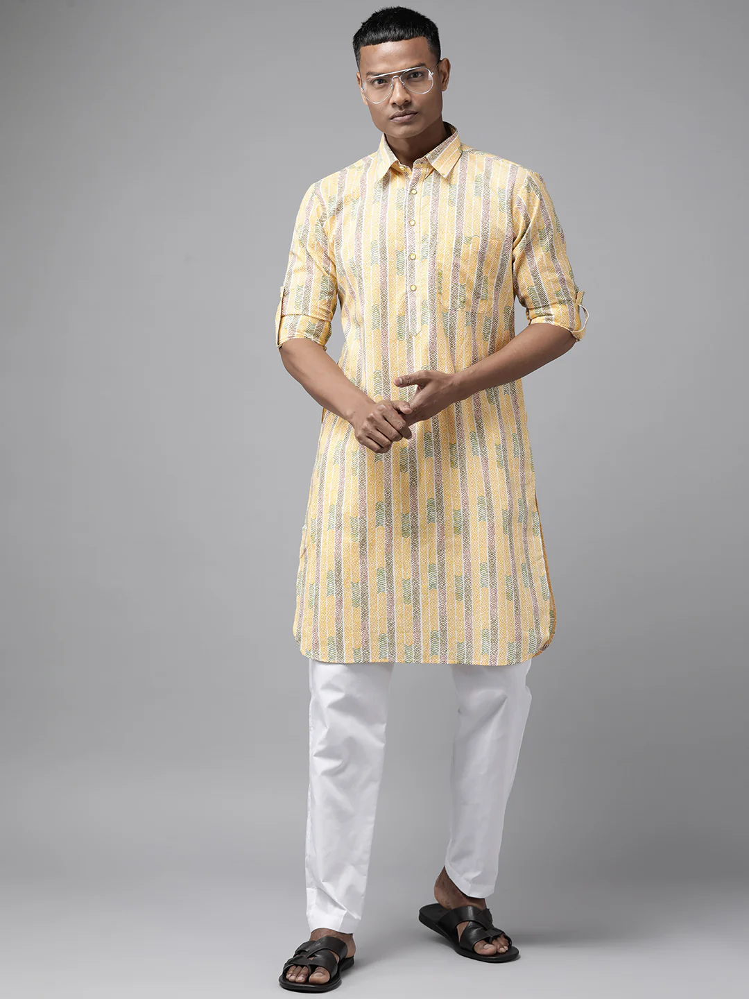 Men Yellow Regular Pure Cotton Pathani Printed Men'S Kurta - Image 6