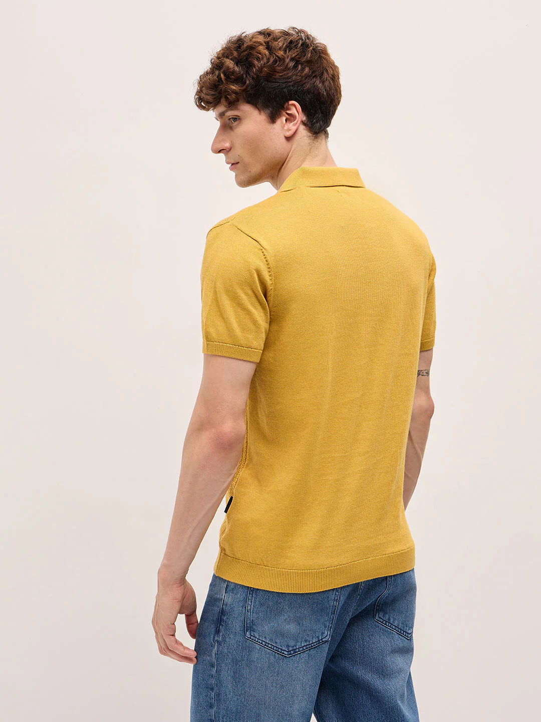 Men Yellow Ribbed Texture Design Slim Fit Polo - Image 2