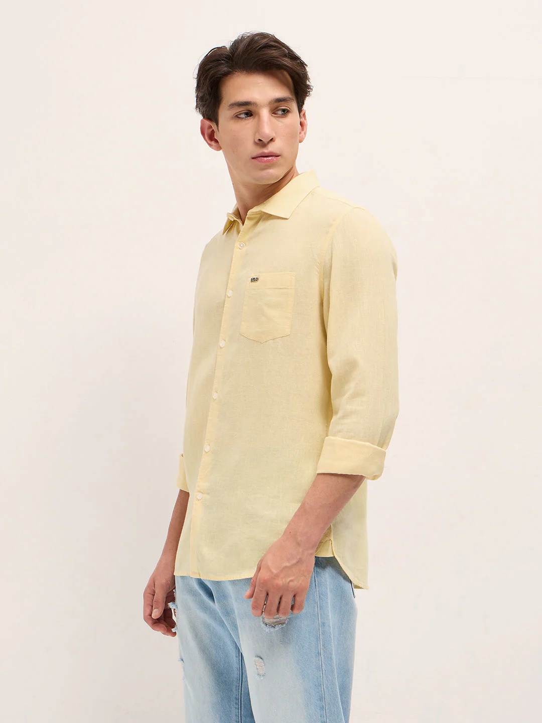 Men Yellow Solid Lyocell Slim Fit Casual Shirt - Image 3