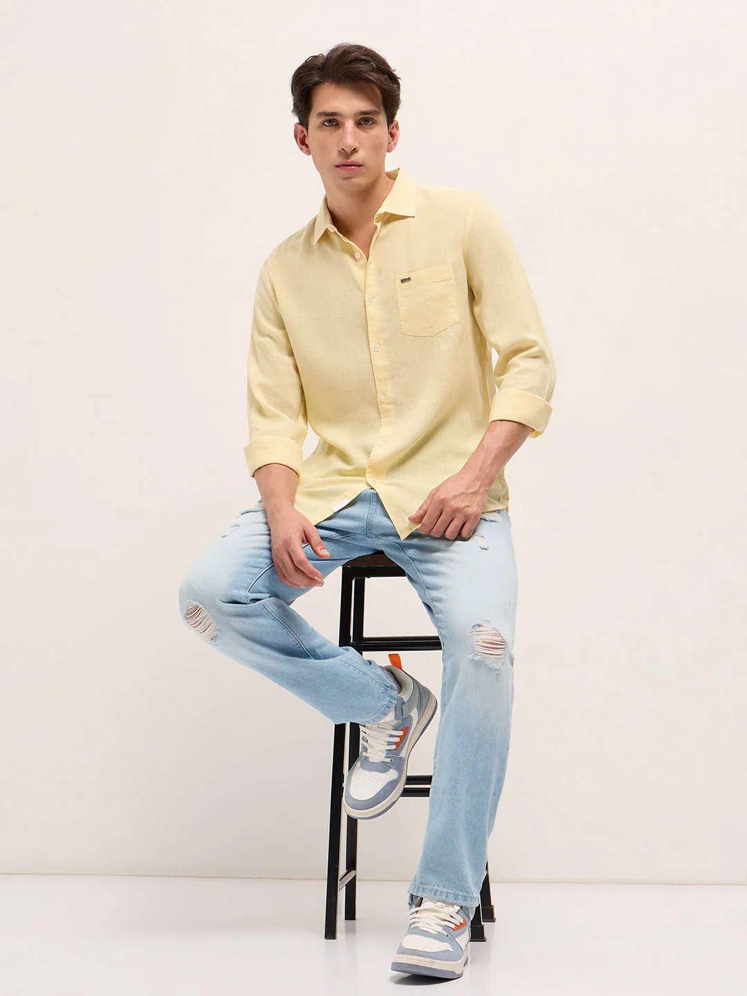 Men Yellow Solid Lyocell Slim Fit Casual Shirt - Image 4