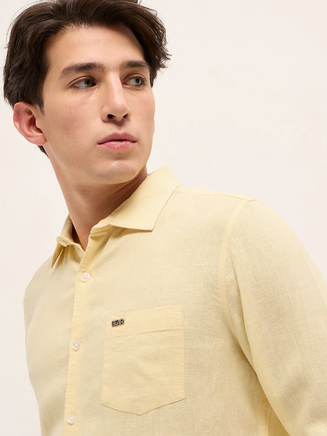 Men Yellow Solid Lyocell Slim Fit Casual Shirt - Image 5