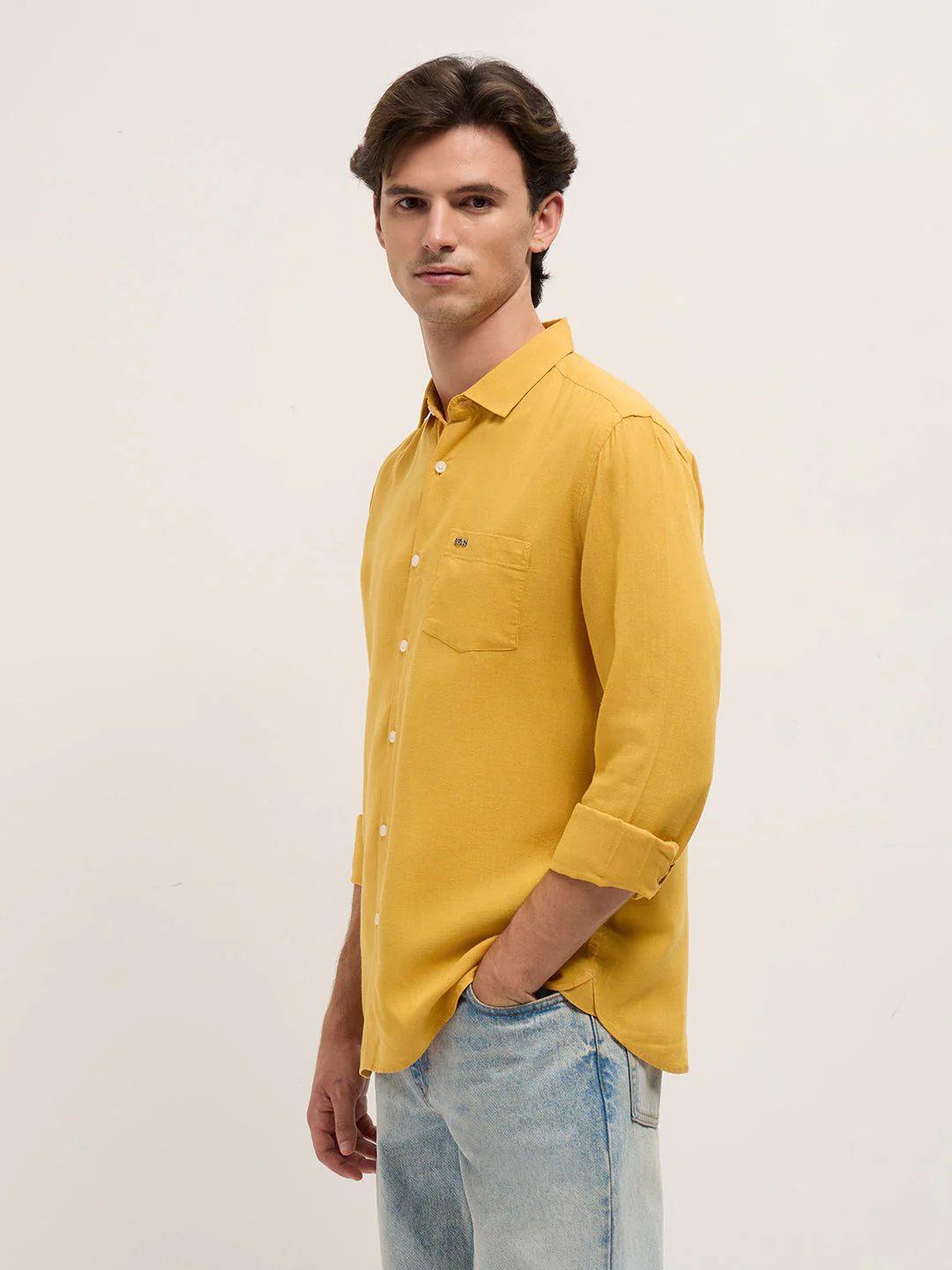 Men Yellow Solid Lyocell Slim Fit Casual Shirt - Image 3
