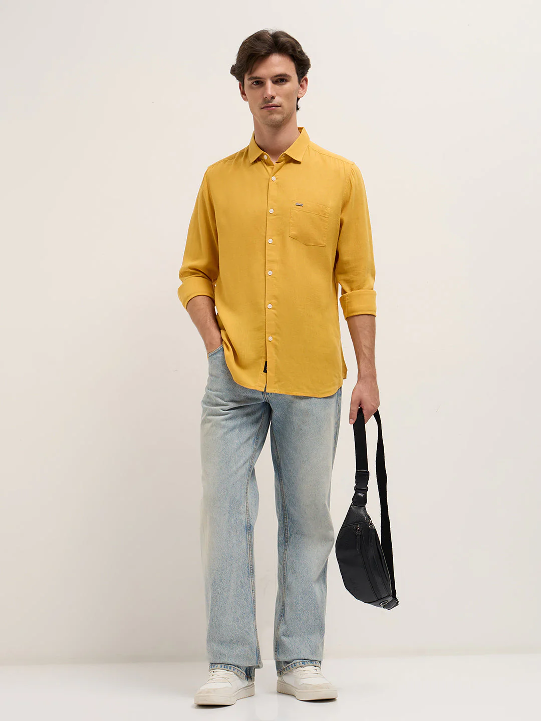 Men Yellow Solid Lyocell Slim Fit Casual Shirt - Image 4