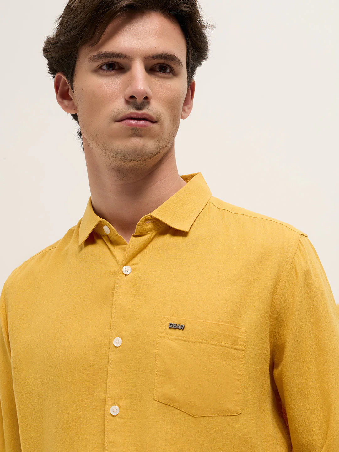 Men Yellow Solid Lyocell Slim Fit Casual Shirt - Image 5