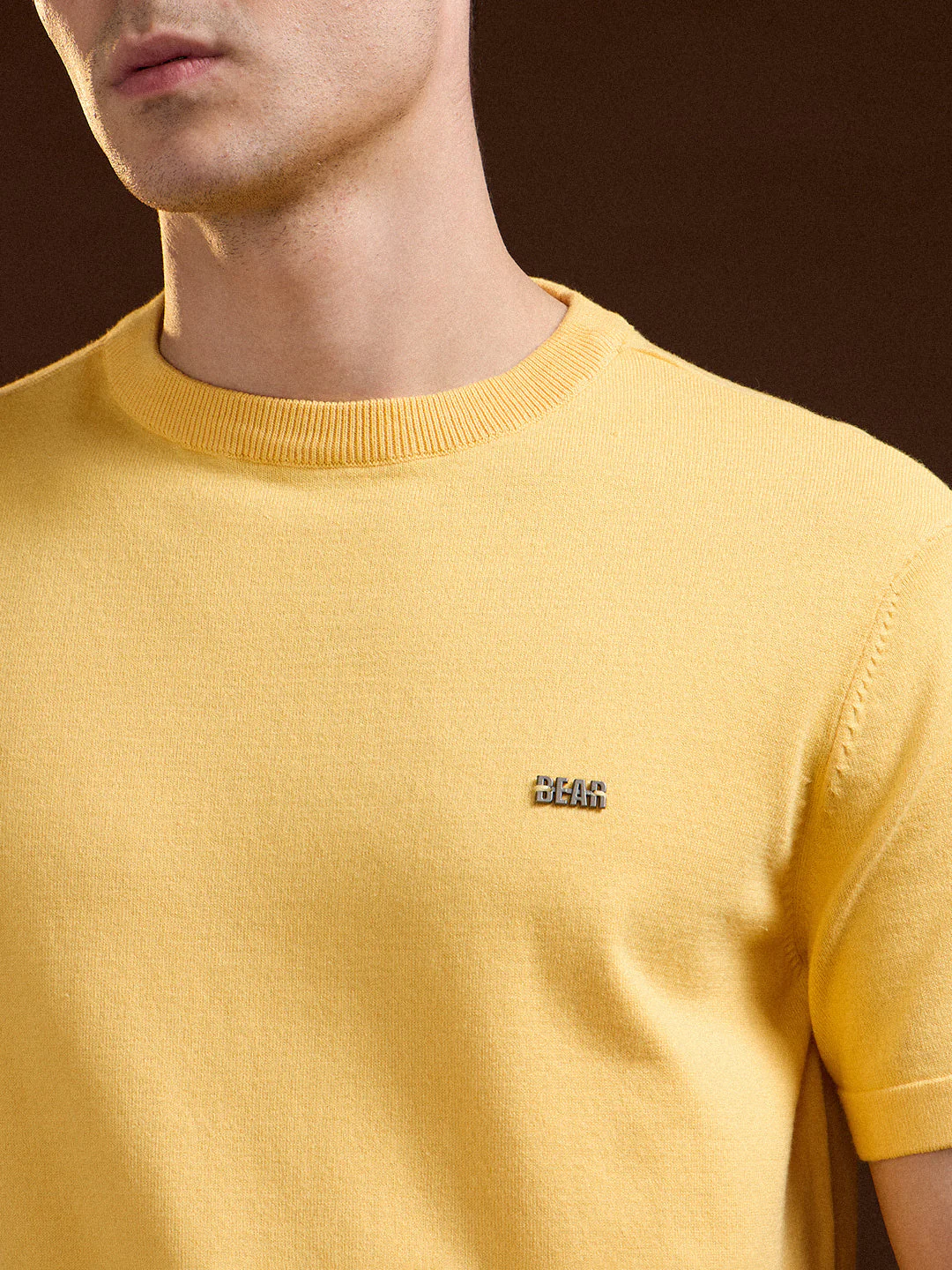 Men Yellow Solid Regular Fit Ribbed Crew Neck T-shirt - Image 5