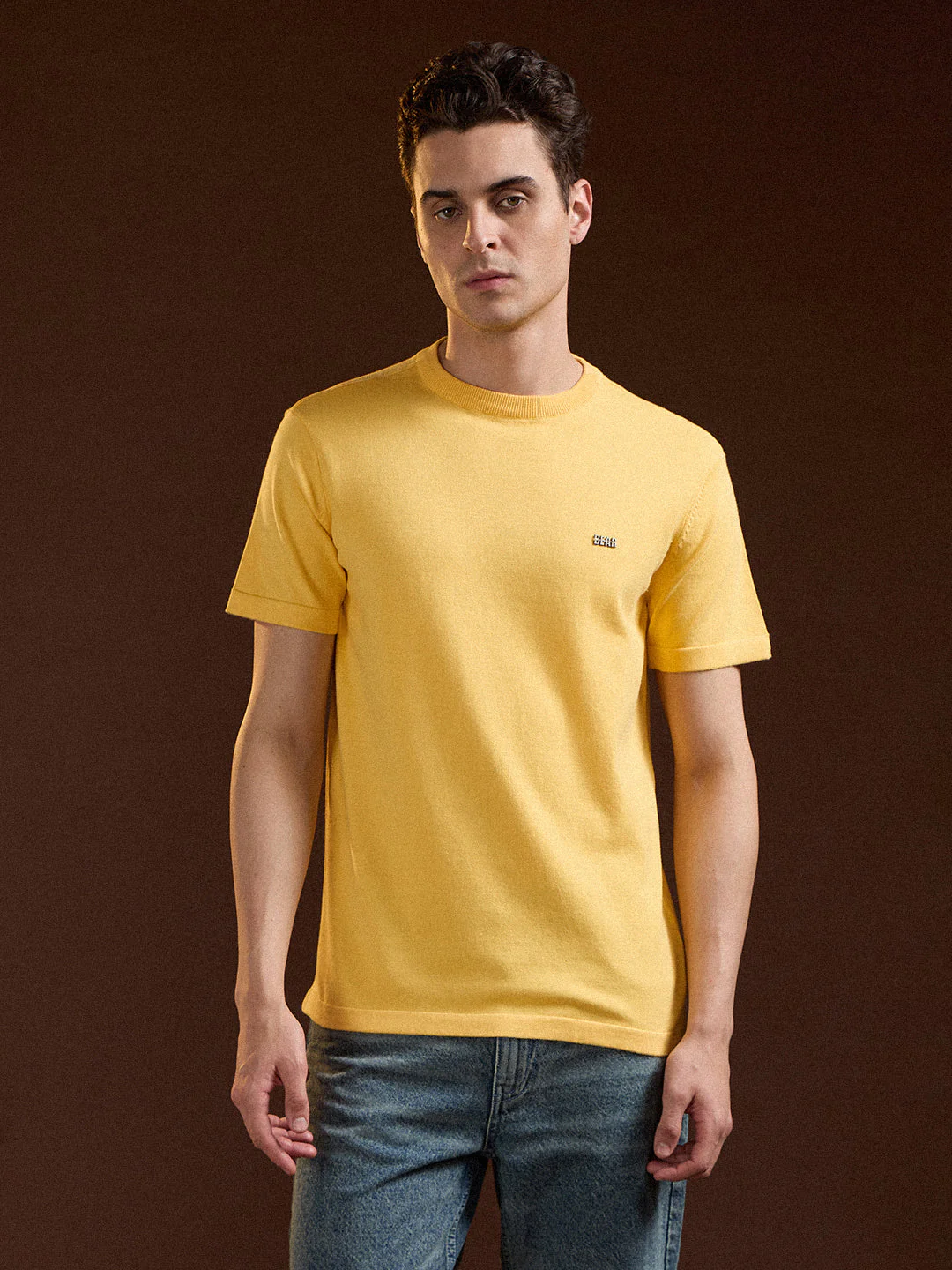 Men Yellow Solid Regular Fit Ribbed Crew Neck T-shirt - Image 6